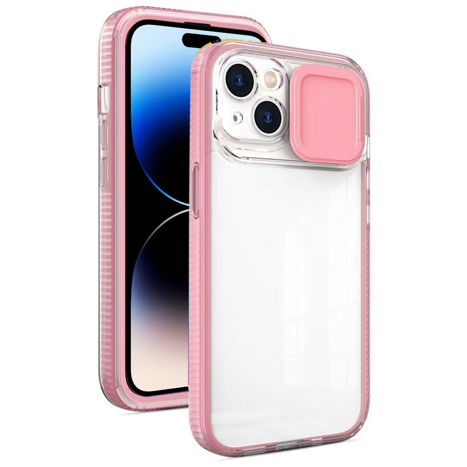 Zwei pinkfarbene Handyhüllen. Eine mit Telefon, die andere leer, beide auf weißem Hintergrund.