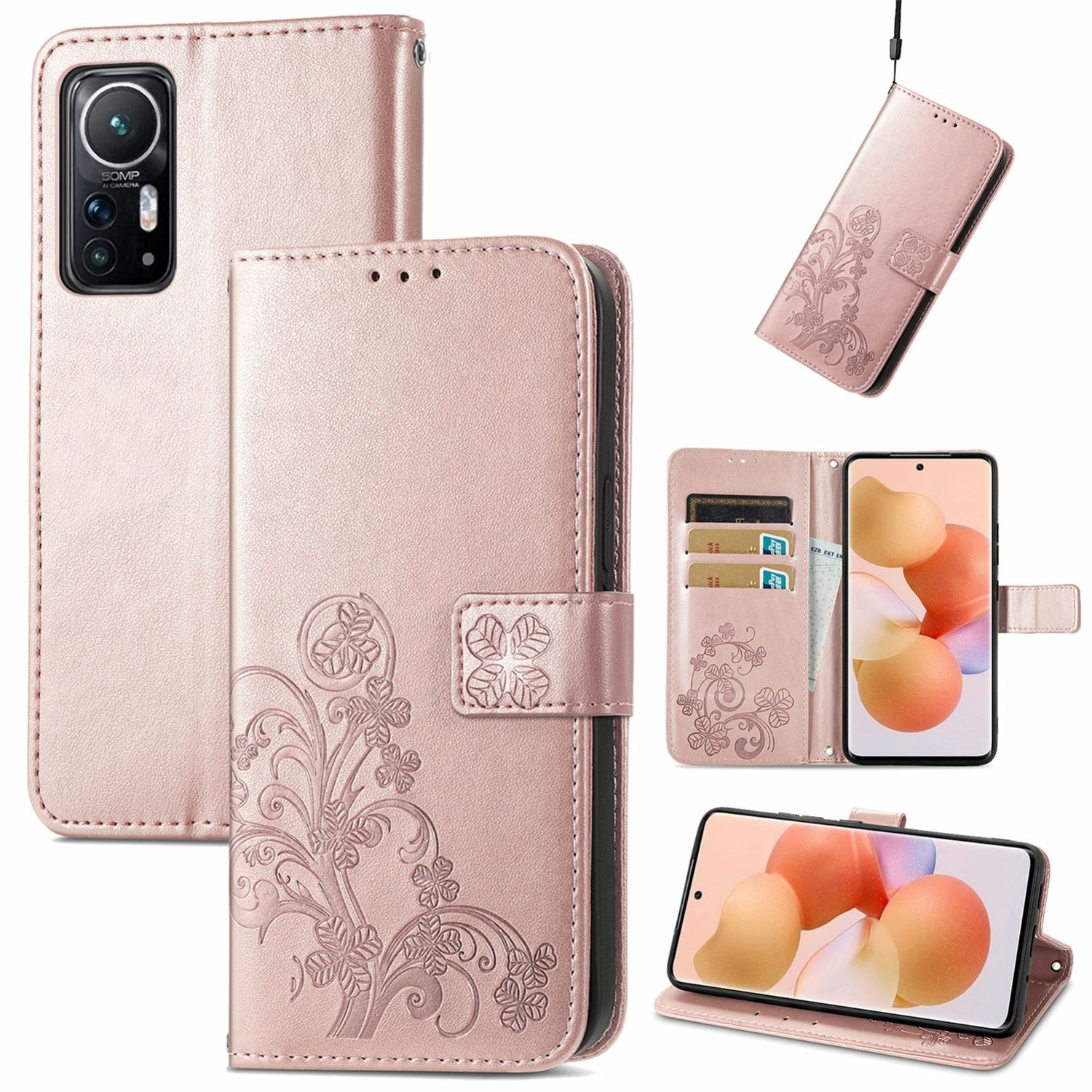 Rosa Handyhülle mit Blumendesign. Mehrere Ansichten mit Telefon darin.