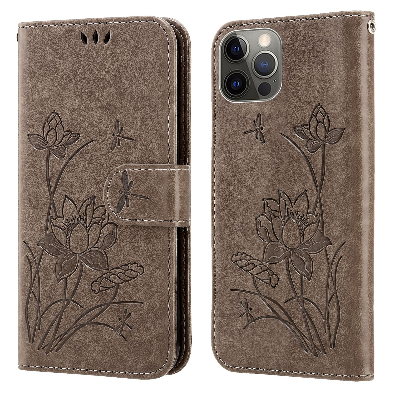 Braune Handyhülle mit Lotusblumen- und Libellen-Design. Hülle geöffnet, Telefon und Design zeigend.