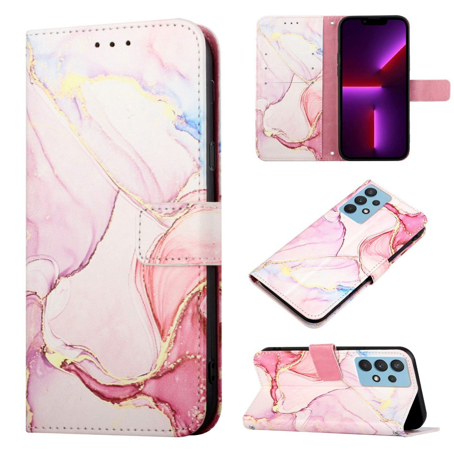 Eine rosa marmorierte Handyhülle offen und geschlossen mit Handy.