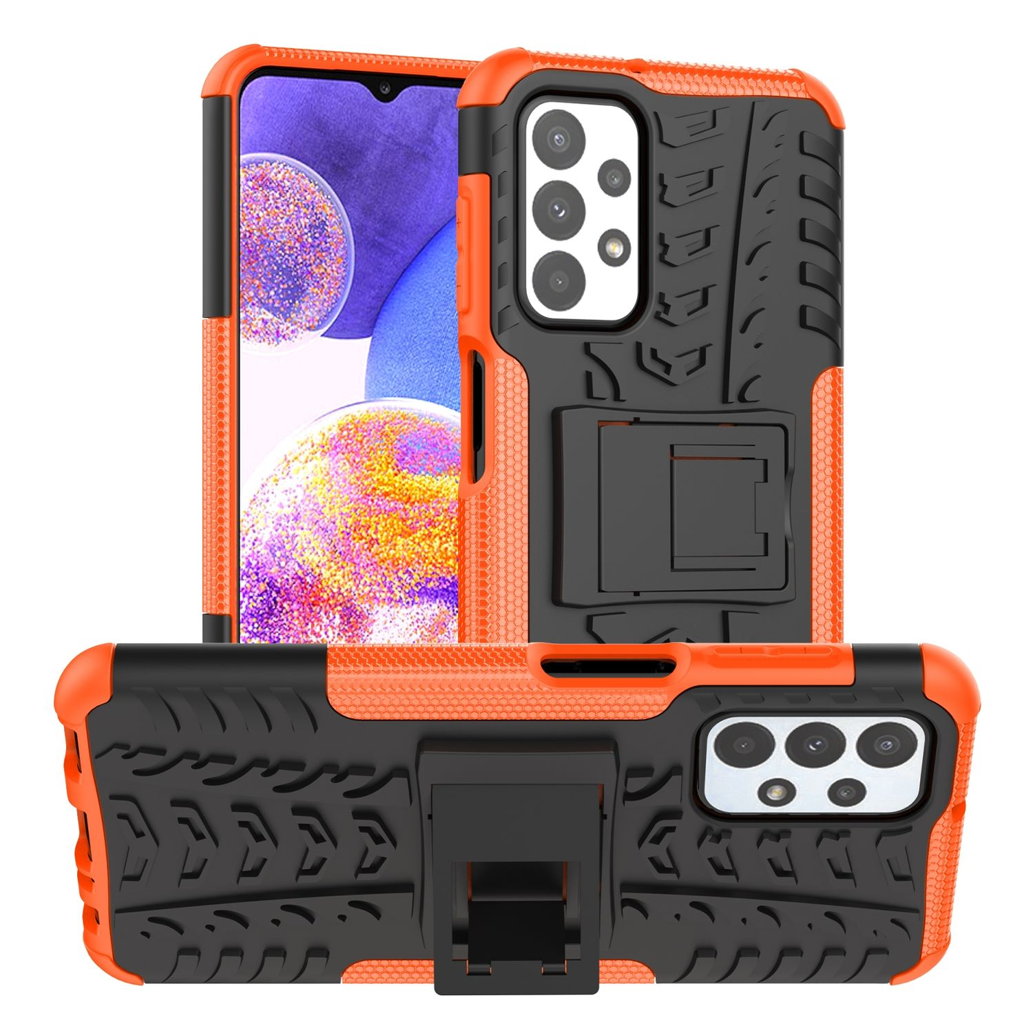 Handyhülle, orange und schwarz. Zeigt Telefon von vorne und hinten mit Ständer und Kamera.