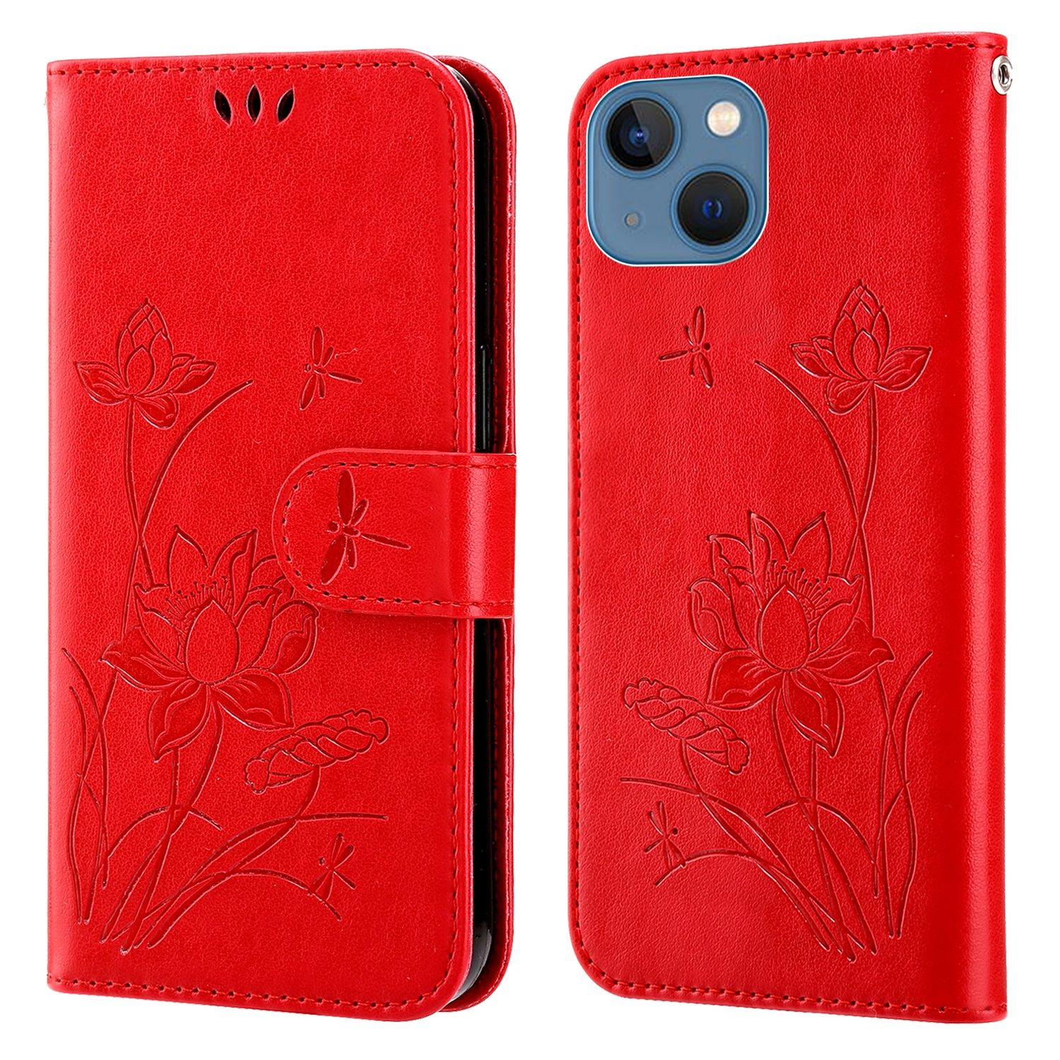 Rote Handyhülle mit Blumendesign und Libellen-Details, offen und geschlossen.