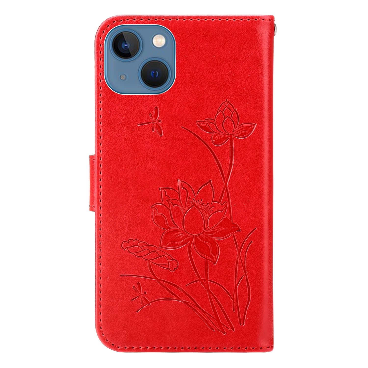 Rote Handyhülle mit Lotusblumenmuster und Libelle.