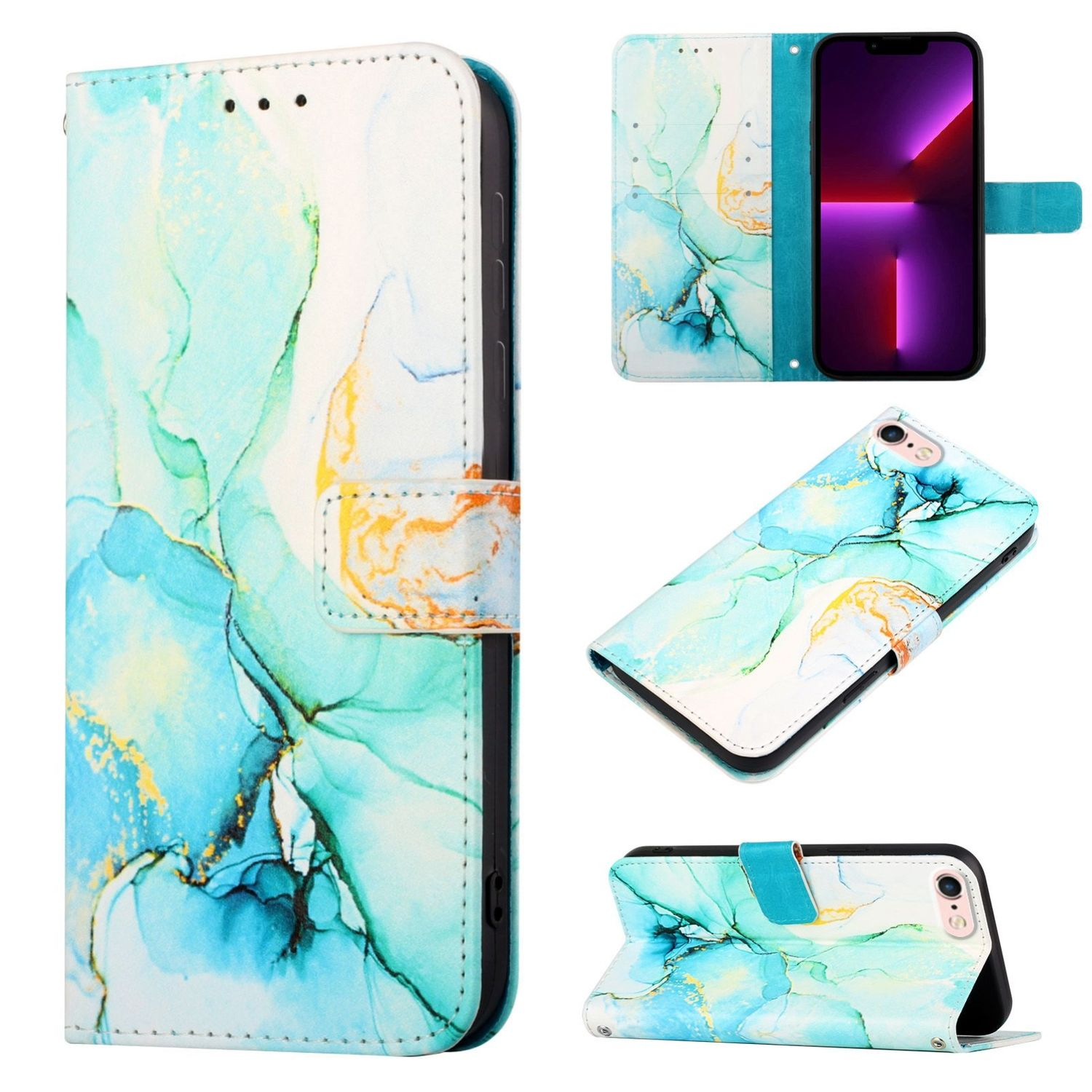 Eine Handyhülle mit Marmordesign, offen mit Telefon und geschlossen mit Verschluss.