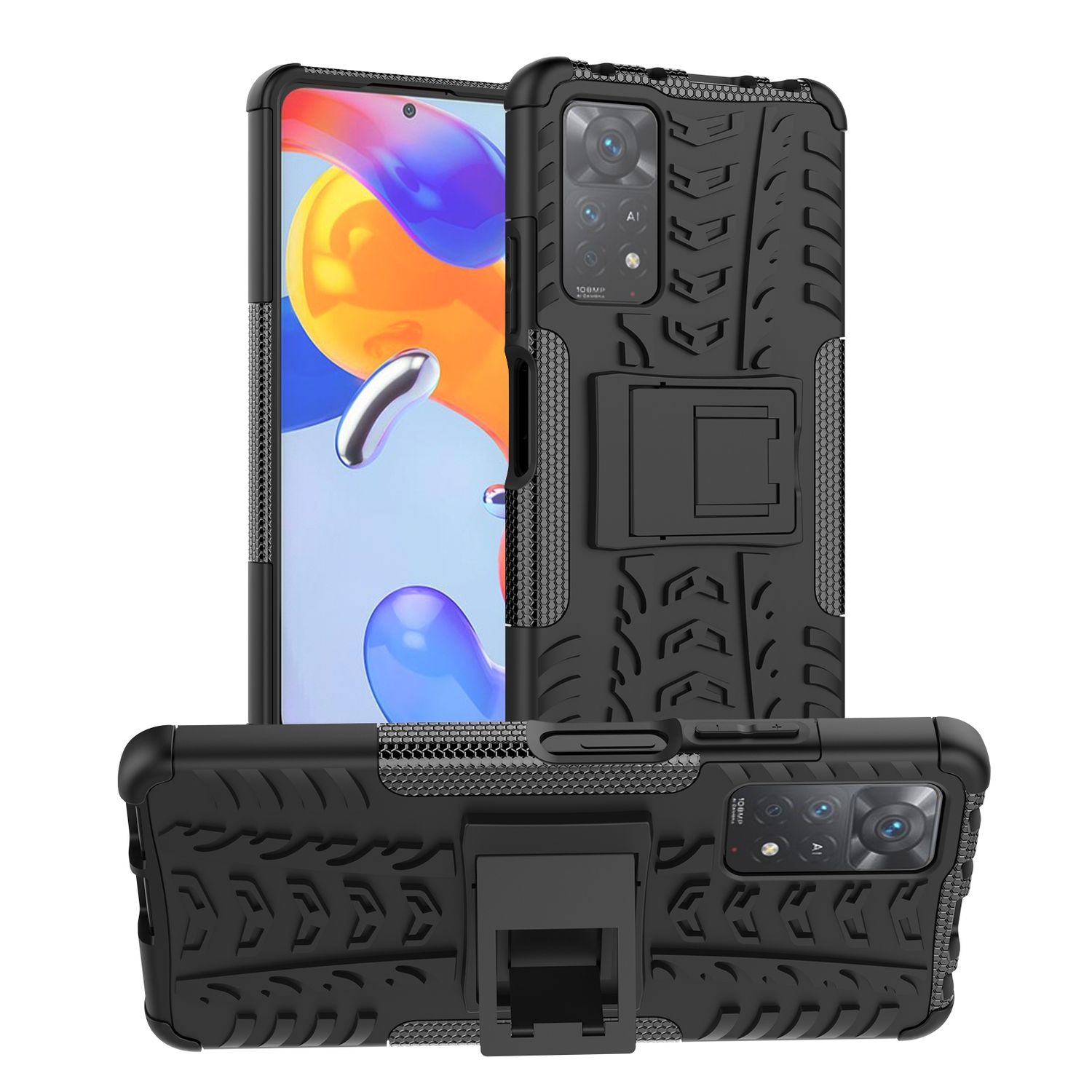 Drei schwarze Handyhüllen. Eine mit dem Telefon darin. Alle haben ein Reifenprofil und einen Ständer.
