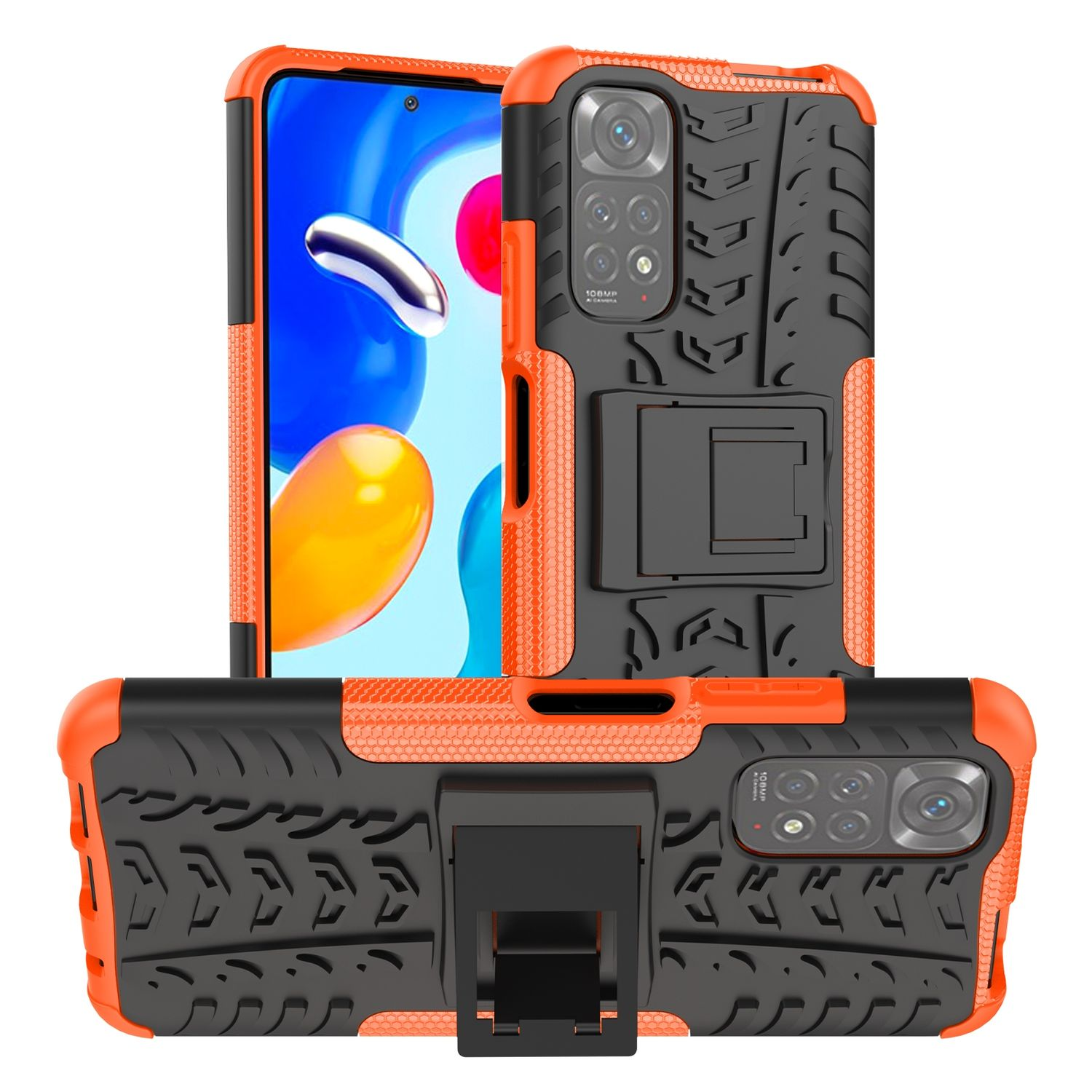 Zwei Ansichten einer orange-schwarzen Handyhülle mit eingebautem Ständer.