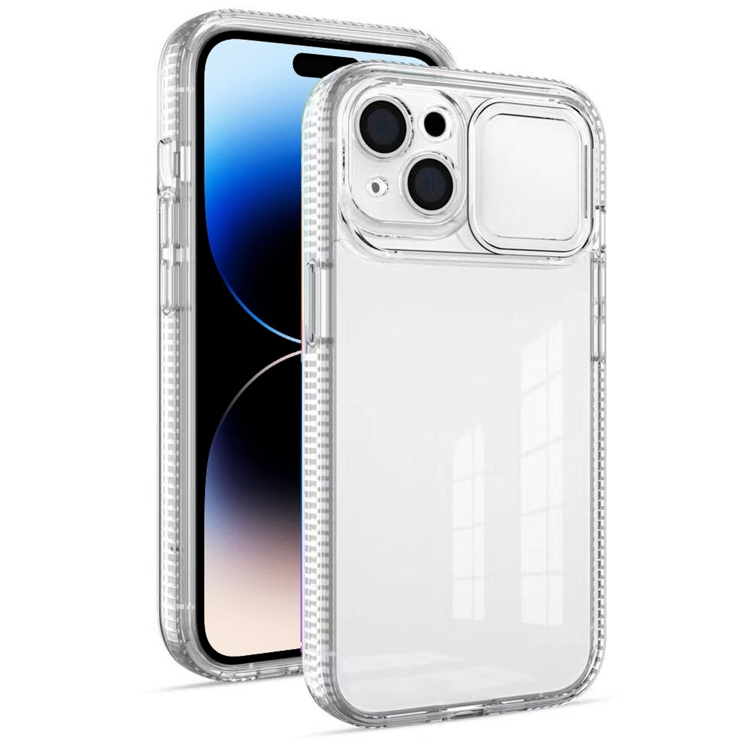 Transparente Handyhülle um ein Telefon. Das Telefon ist links, die Hülle rechts mit Kameraschutz.
