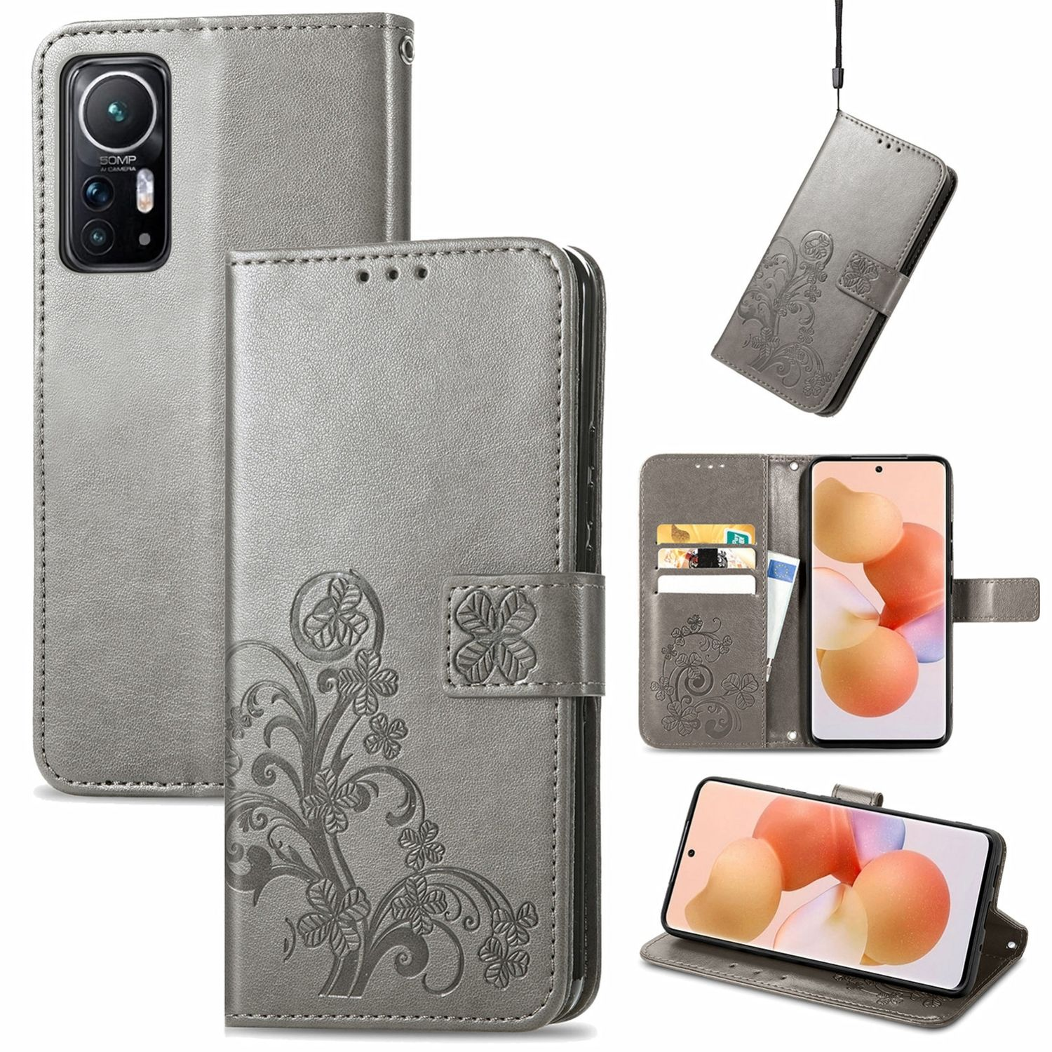 Graue Handyhülle, Blumendesign. Telefon mit Blumen auf dem Bildschirm. Kartenfächer enthalten.