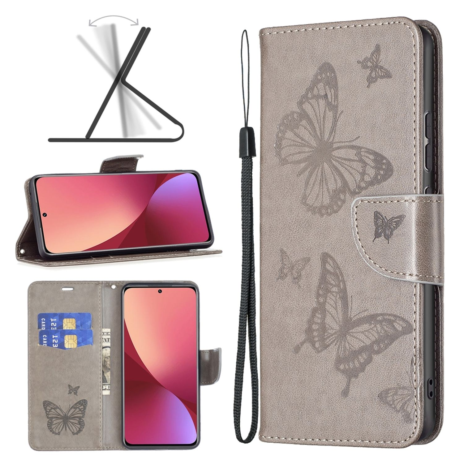 Graues Handy-Case mit Schmetterlingsdesign, geöffnet. Zeigt Telefon und Karten. Weißer Hintergrund.