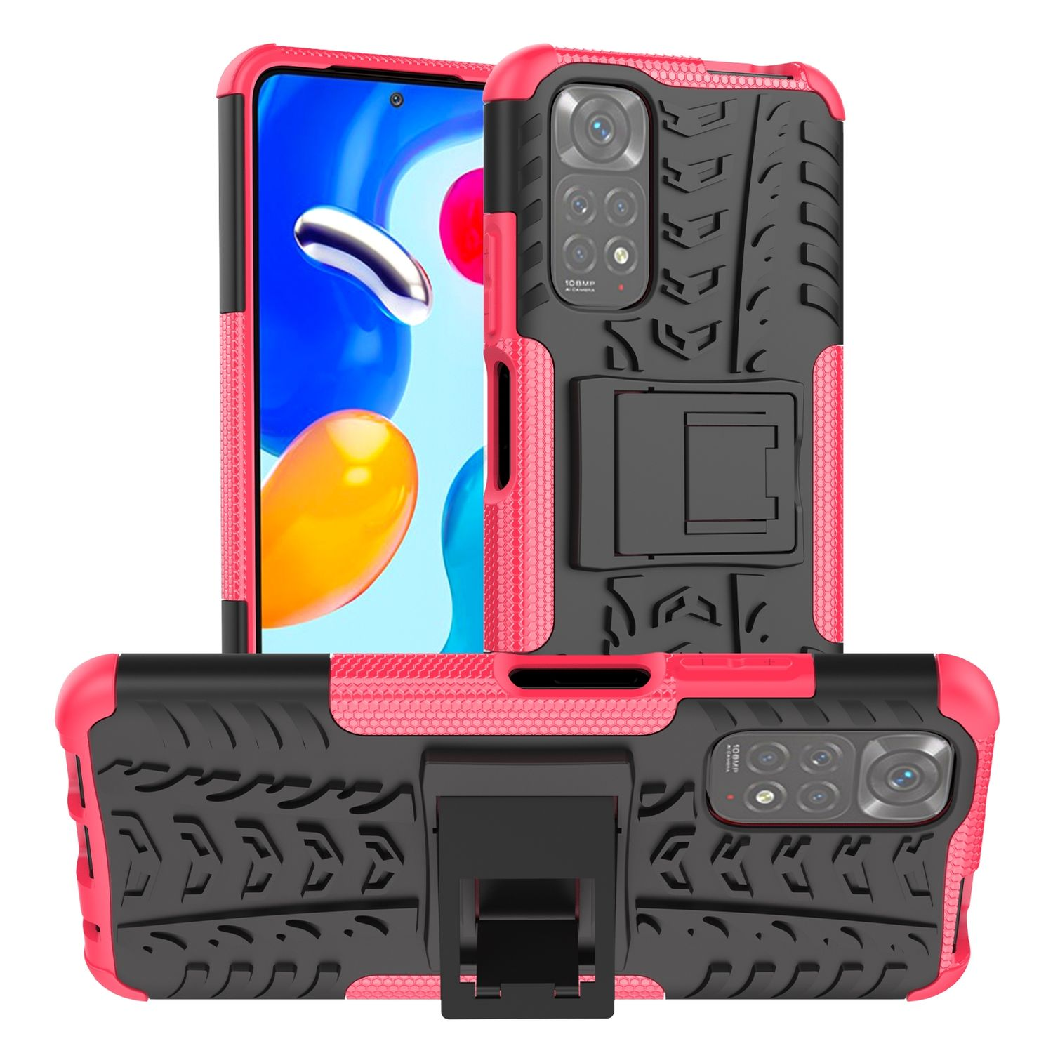 Rosa und schwarze Handyhülle. Das Gehäuse hat einen Ständer und ein Reifenprofil. Telefon im Gehäuse sichtbar.