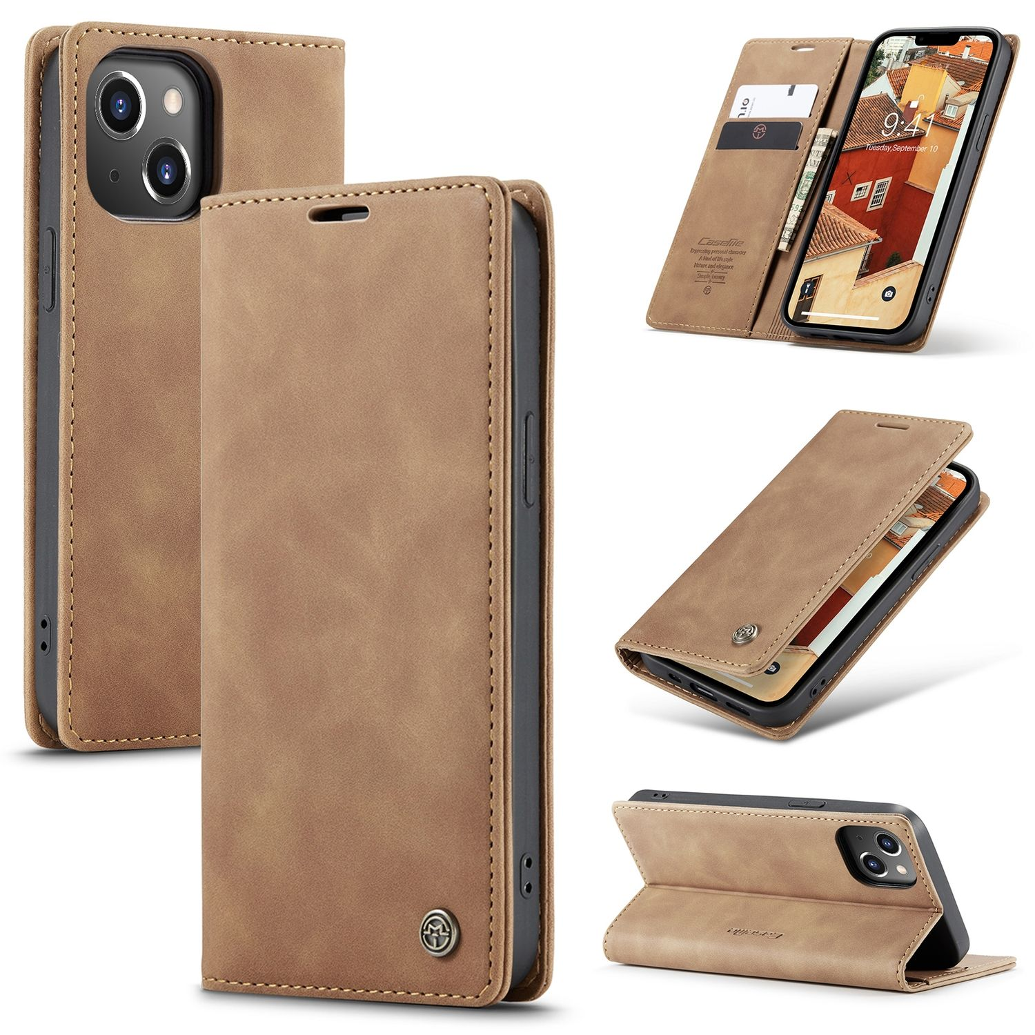 Braune Leder-Handyhülle in mehreren Ansichten, das Telefon im Inneren zeigend.