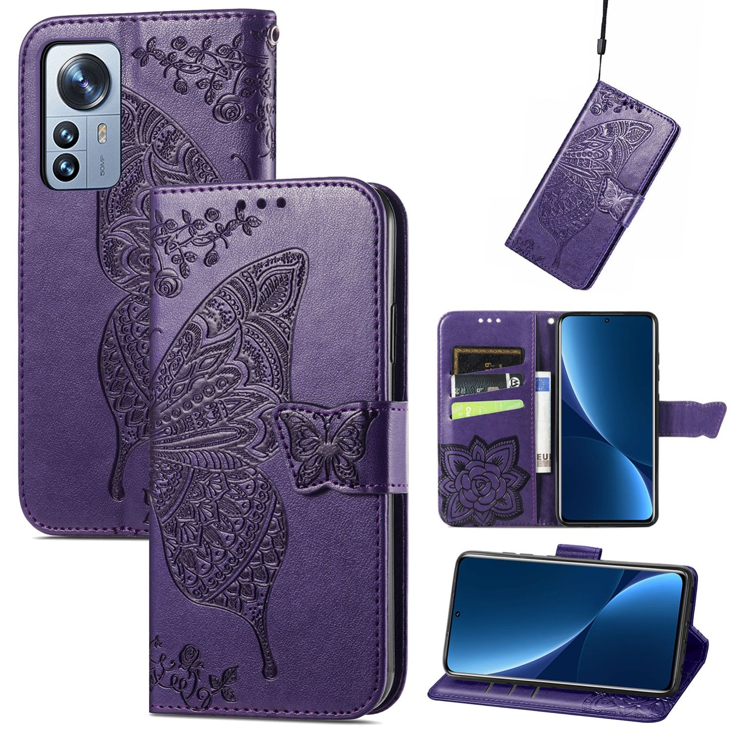 Lila Handyhülle mit Schmetterlingsdesign, mehrere Ansichten einschließlich Brieftaschenstil.