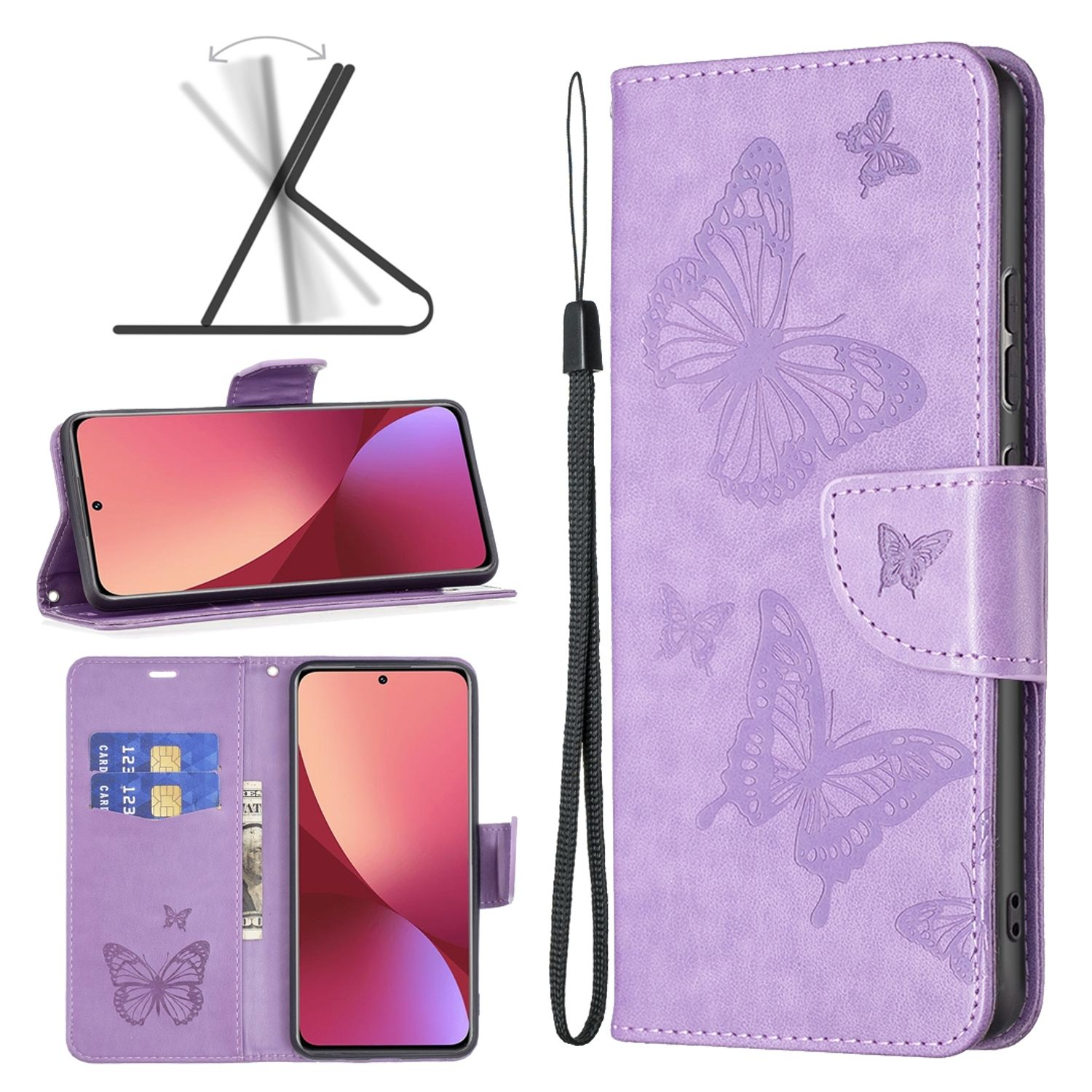 Eine lila Handyhülle mit Schmetterlingsdesigns, offen und geschlossen, mit einem Telefon im Inneren.