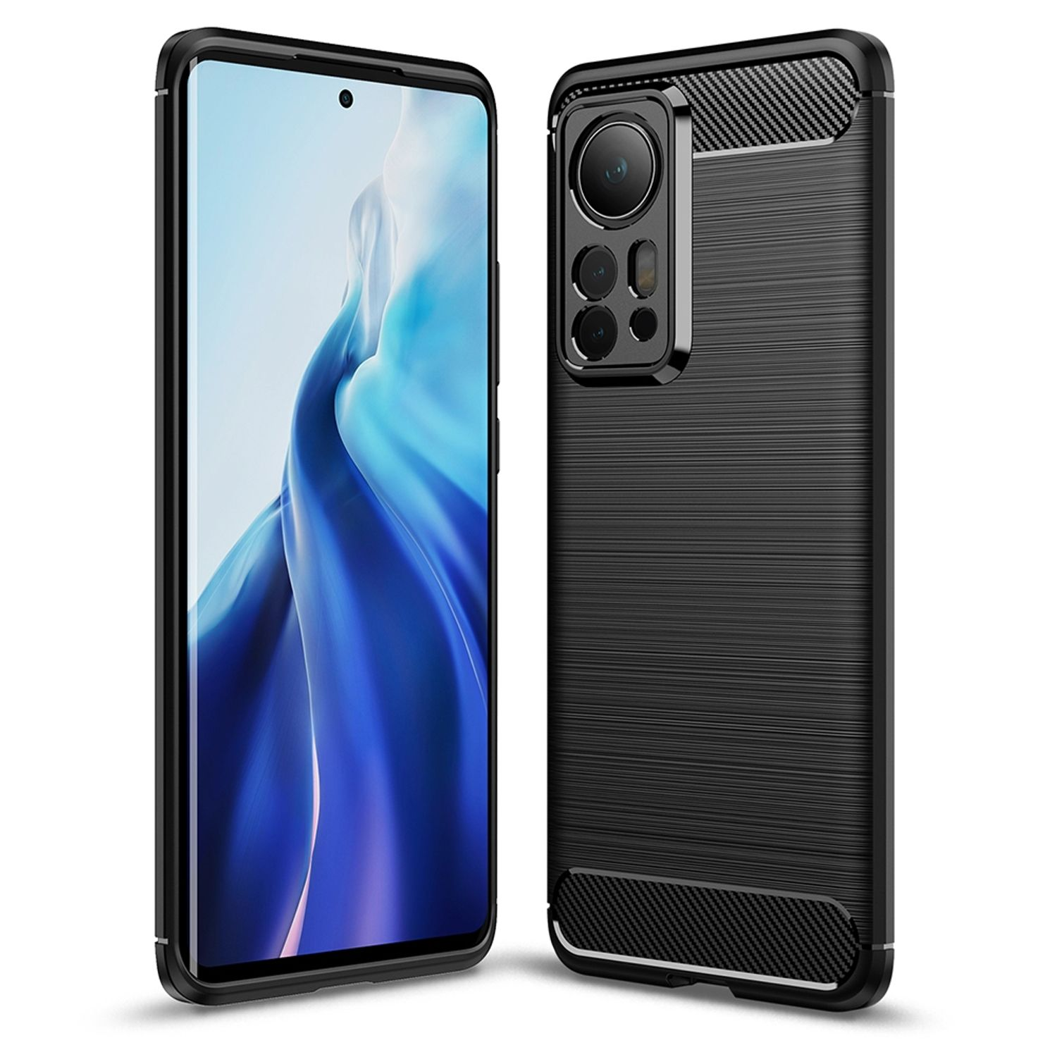 Schwarze Handyhülle mit strukturiertem Design auf der Rückseite und Kamerabereich. Telefon sichtbar.