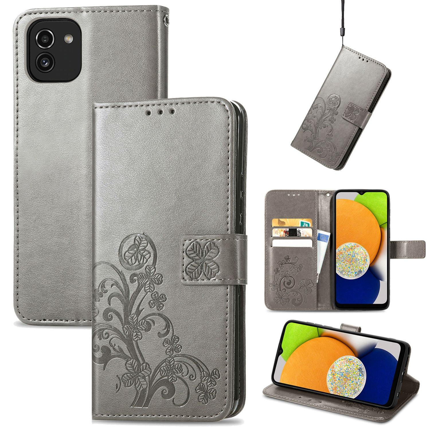 Graue Handyhülle mit Blumendesign, mehrere Ansichten: offen, geschlossen und Telefon angezeigt.