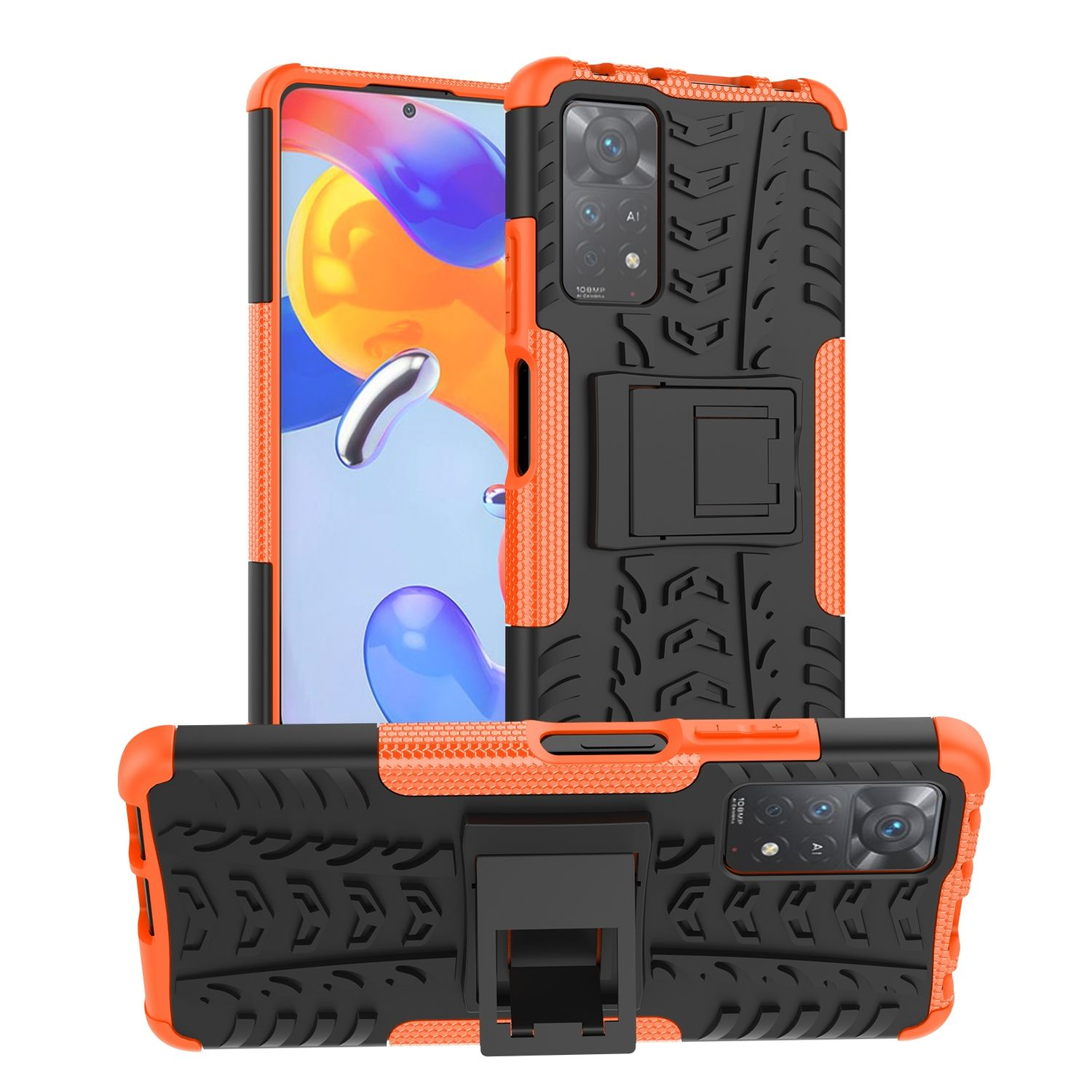 Orange und schwarze Handyhülle mit robustem Design, mit Ständer und strukturierter Oberfläche.