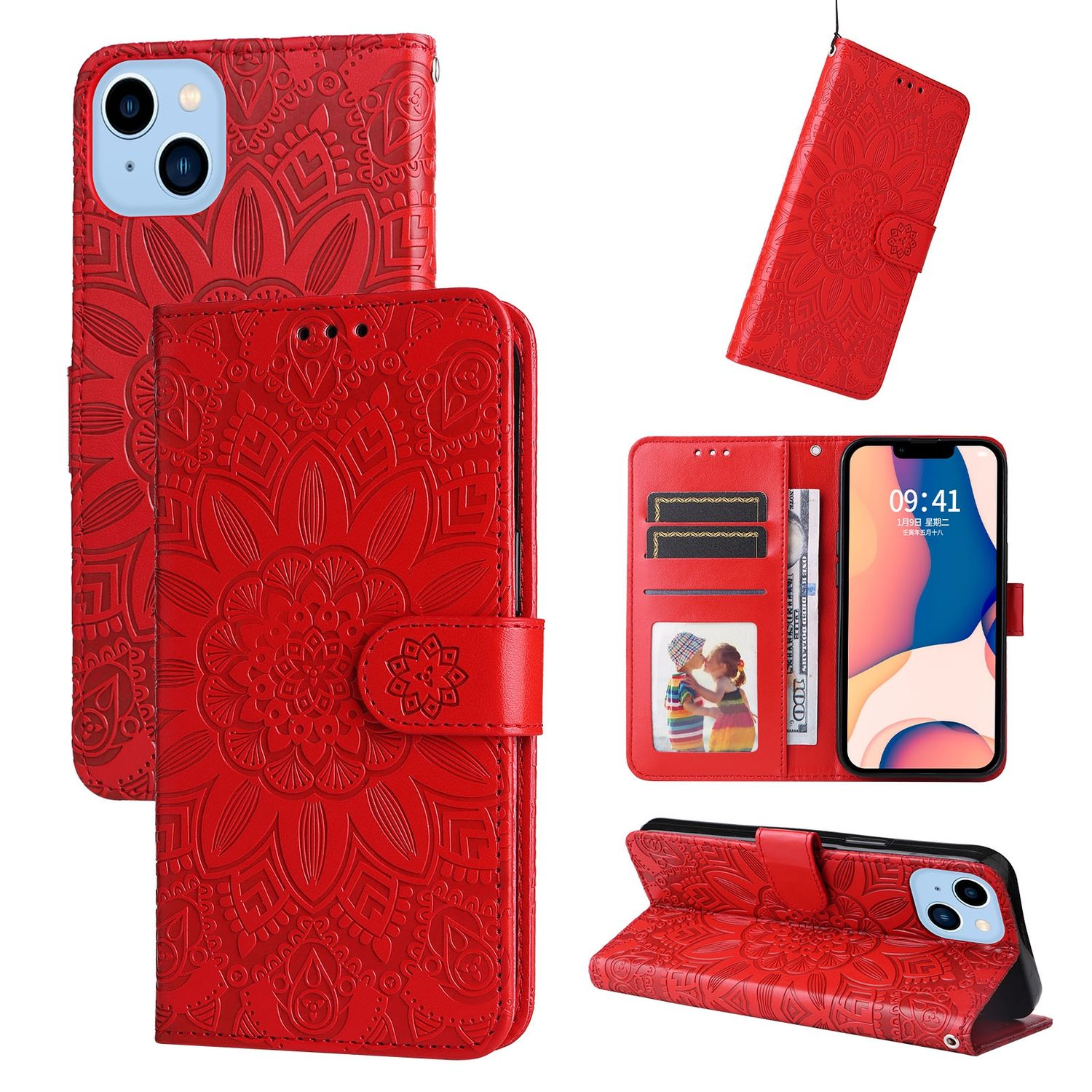 Rote Handyhülle mit Blumenmuster, mehrere Ansichten mit Telefon im Inneren und Kartenfächern.