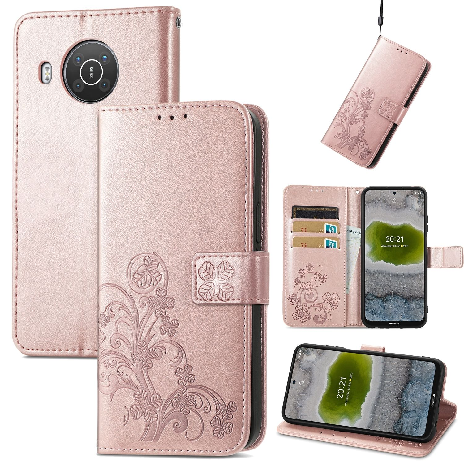 Rosa Handyhülle mit Blumendesign. Das Telefon wird in verschiedenen Positionen gezeigt.