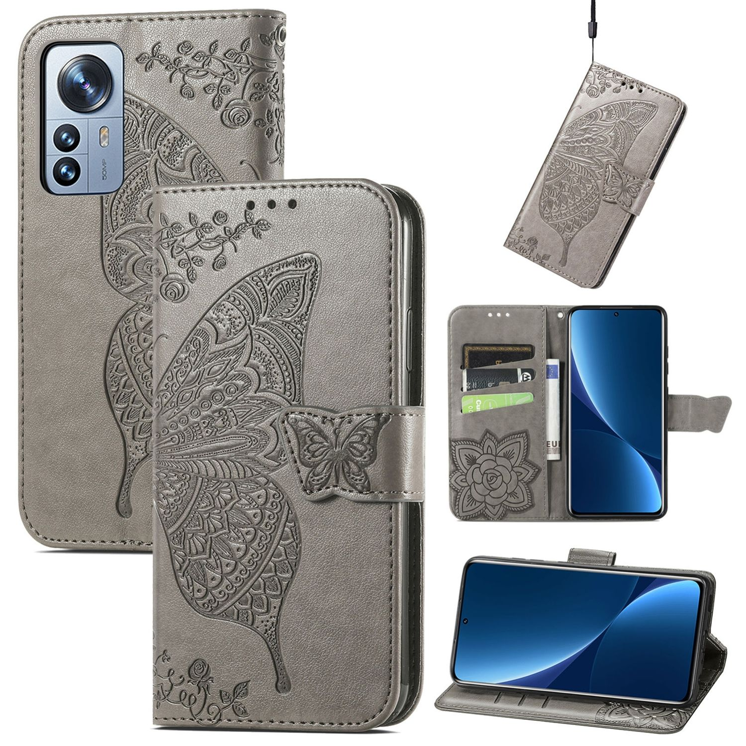 Graue Handyhülle mit Schmetterlingsdesign. Die Hülle ist offen und zeigt das Telefon und Kartenfächer.