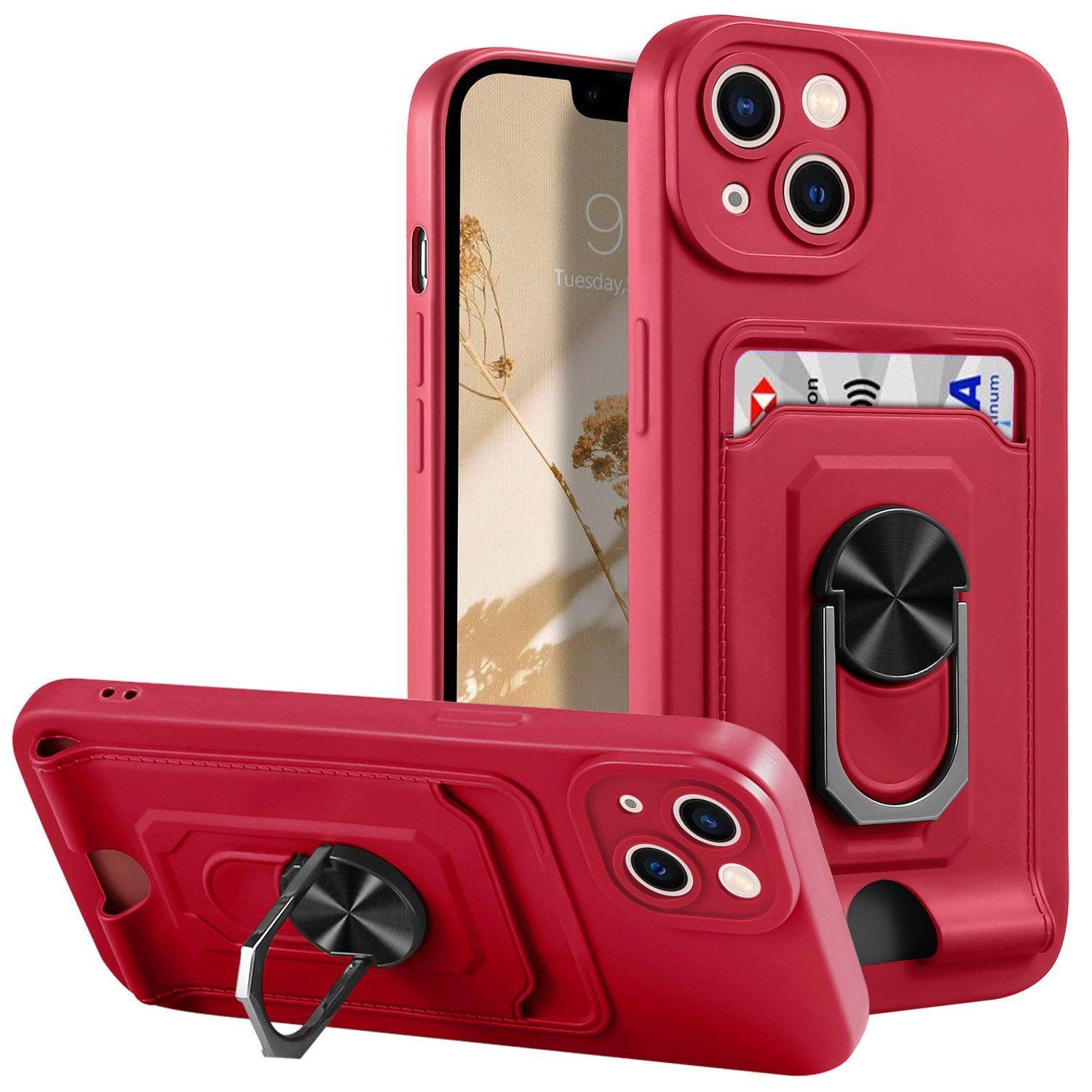 Rote Handyhülle mit Ständer und Kartenhalter. Telefon ist drin.