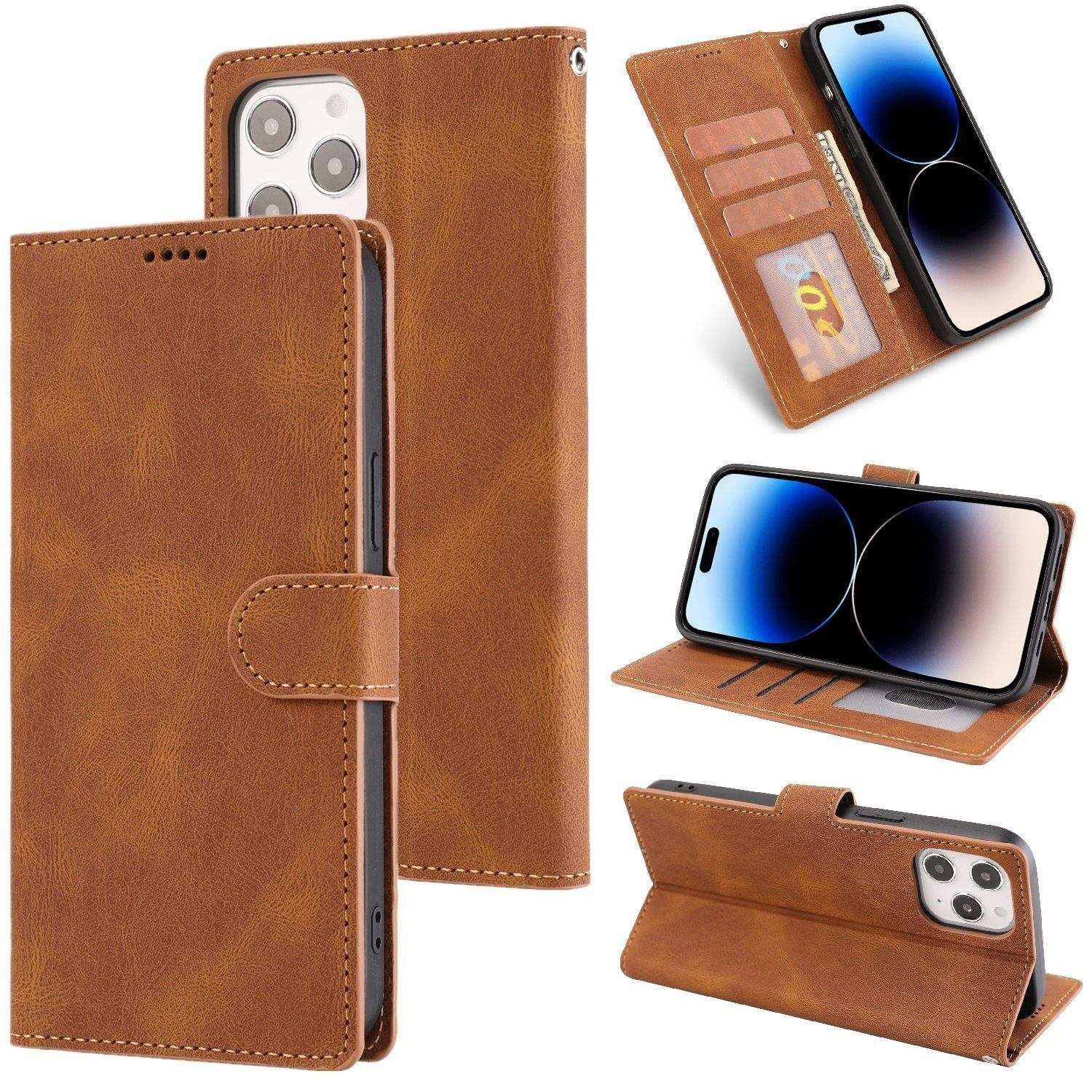 Leder-Handyhülle mit Telefon darin. Die Hülle ist braun. Mehrere Ansichten werden gezeigt.