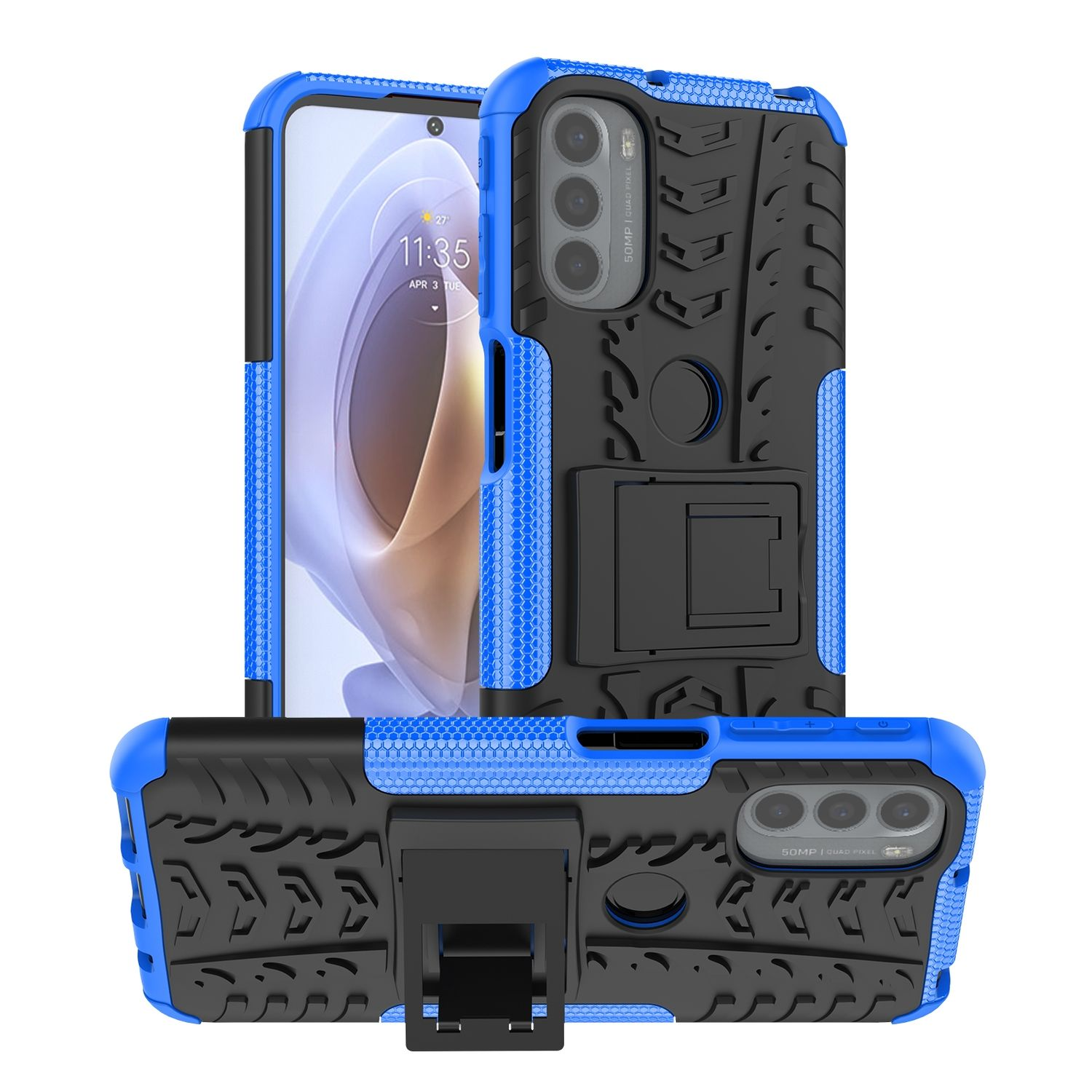 Blaue und schwarze Handyhülle mit strukturiertem Design und Ständer. Telefonbildschirm sichtbar.