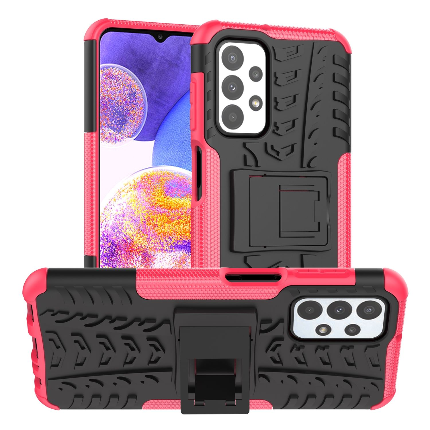 Eine rosa und schwarze Handyhülle mit Telefon. Zwei Ansichten, weißer Hintergrund.