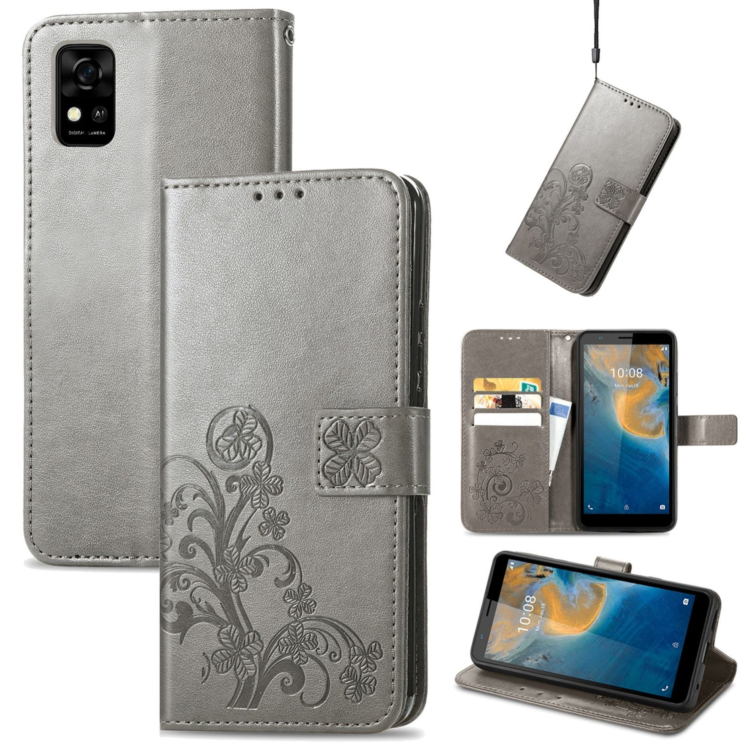 Graue Handyhülle mit floralem Design. Mehrere Ansichten zeigen die geschlossene Hülle, offen mit Telefon und Telefon im Ständer.