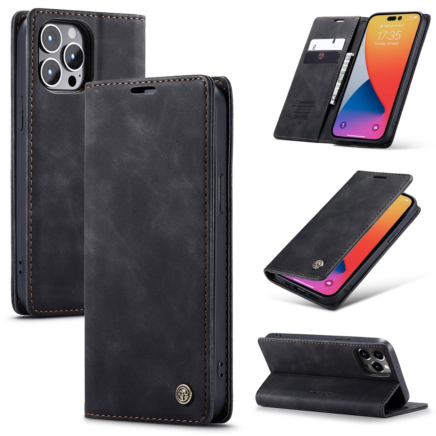 Schwarze Leder-Handyhülle. Mehrere Winkel, mit Kartenfächern und einem Telefon.