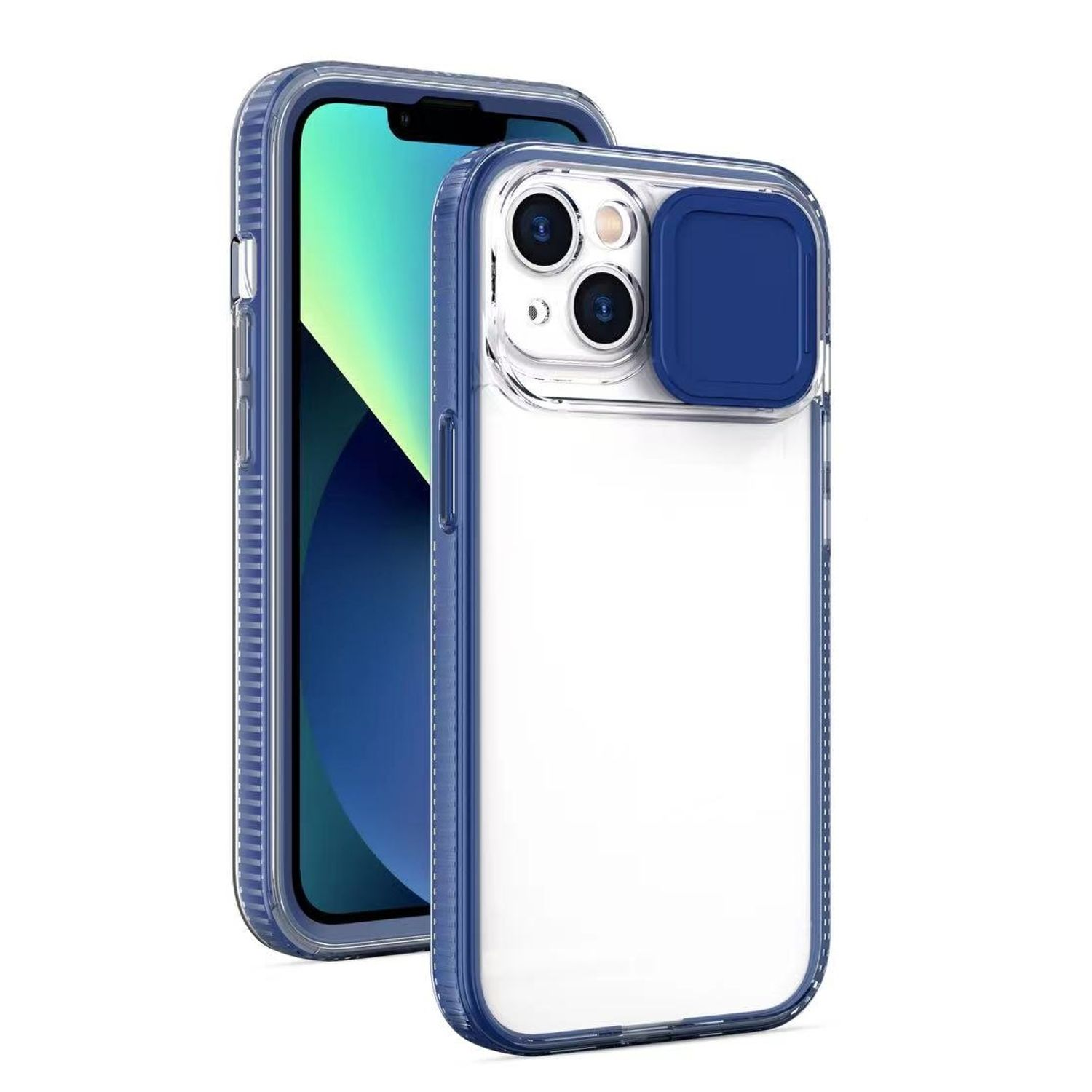 iPhone mit klarer blauer Hülle und blauem Kamera-Cover.