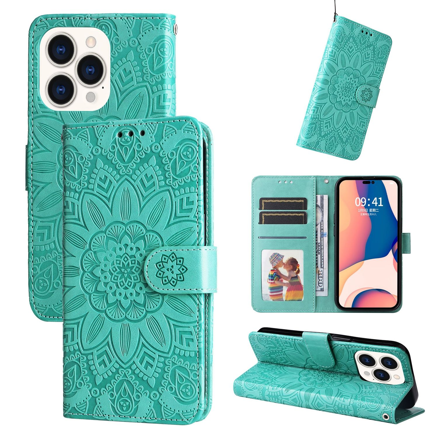 Eine türkisfarbene Handyhülle mit floralem Design, geschlossen, offen und mit Telefon im Inneren gezeigt.