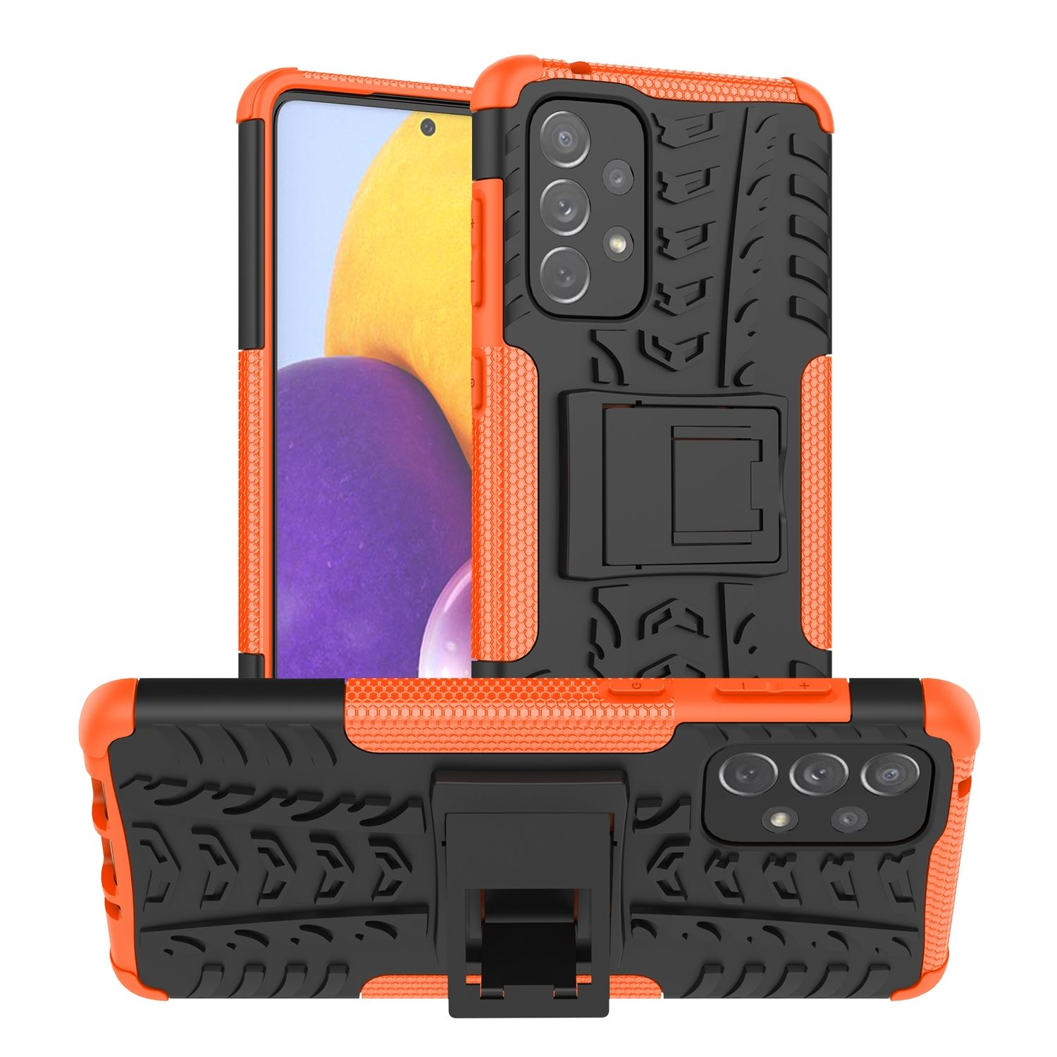 Orange und schwarze Handyhülle mit Ständer. Der Telefonbildschirm wird angezeigt.