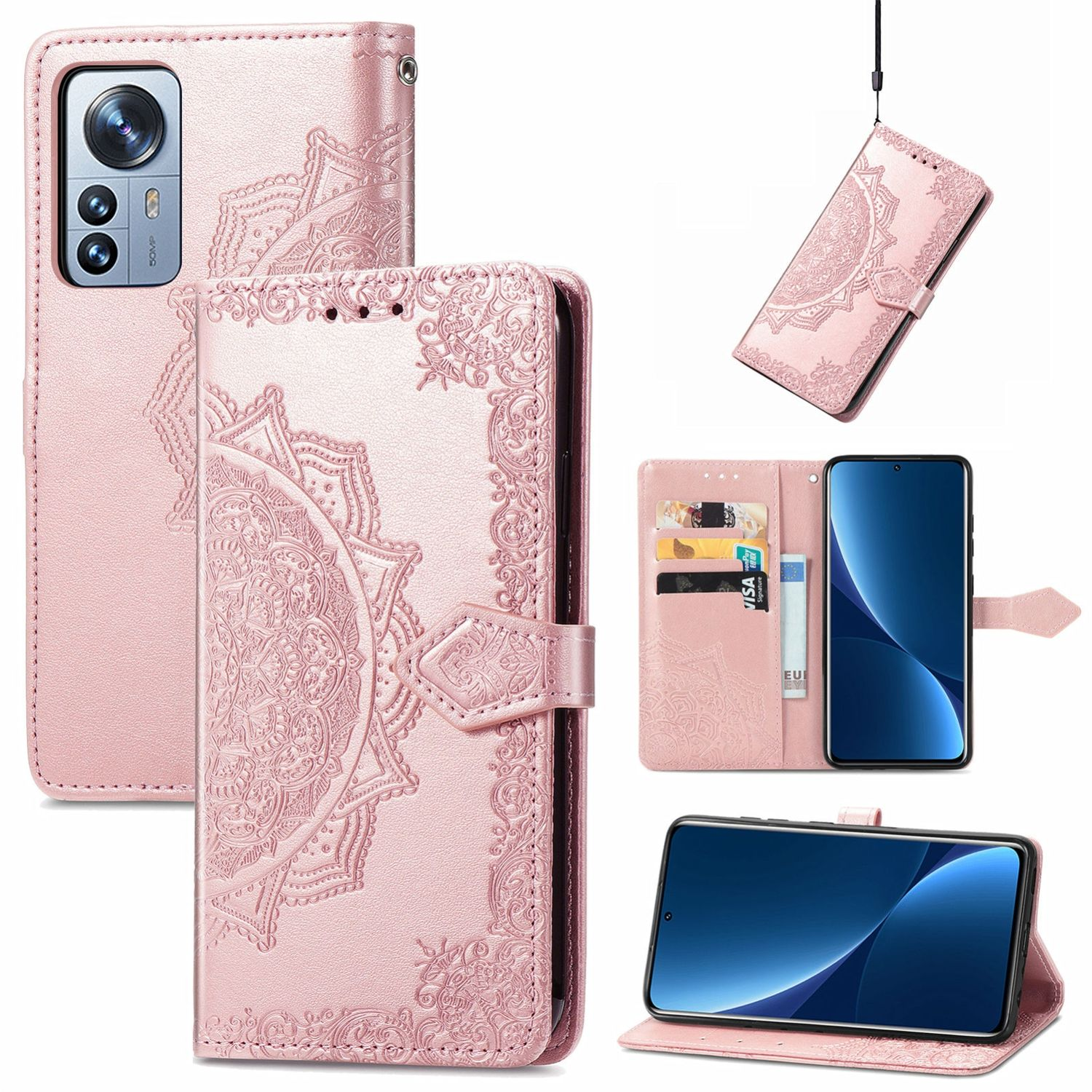 Rosa Handyhülle mit Mandala-Design, mehrere Ansichten. Enthält Kartenfächer und ein Telefon.