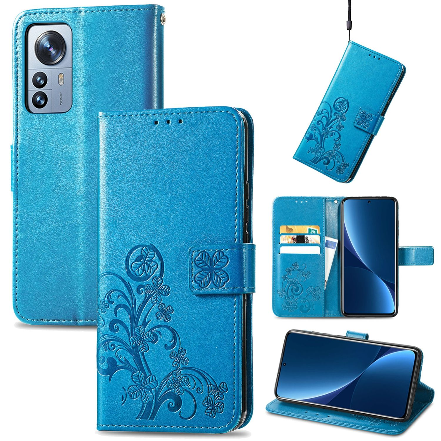 Blaue Handyhülle mit Blumendesign, offen und geschlossen, zeigt Telefon und Karten.