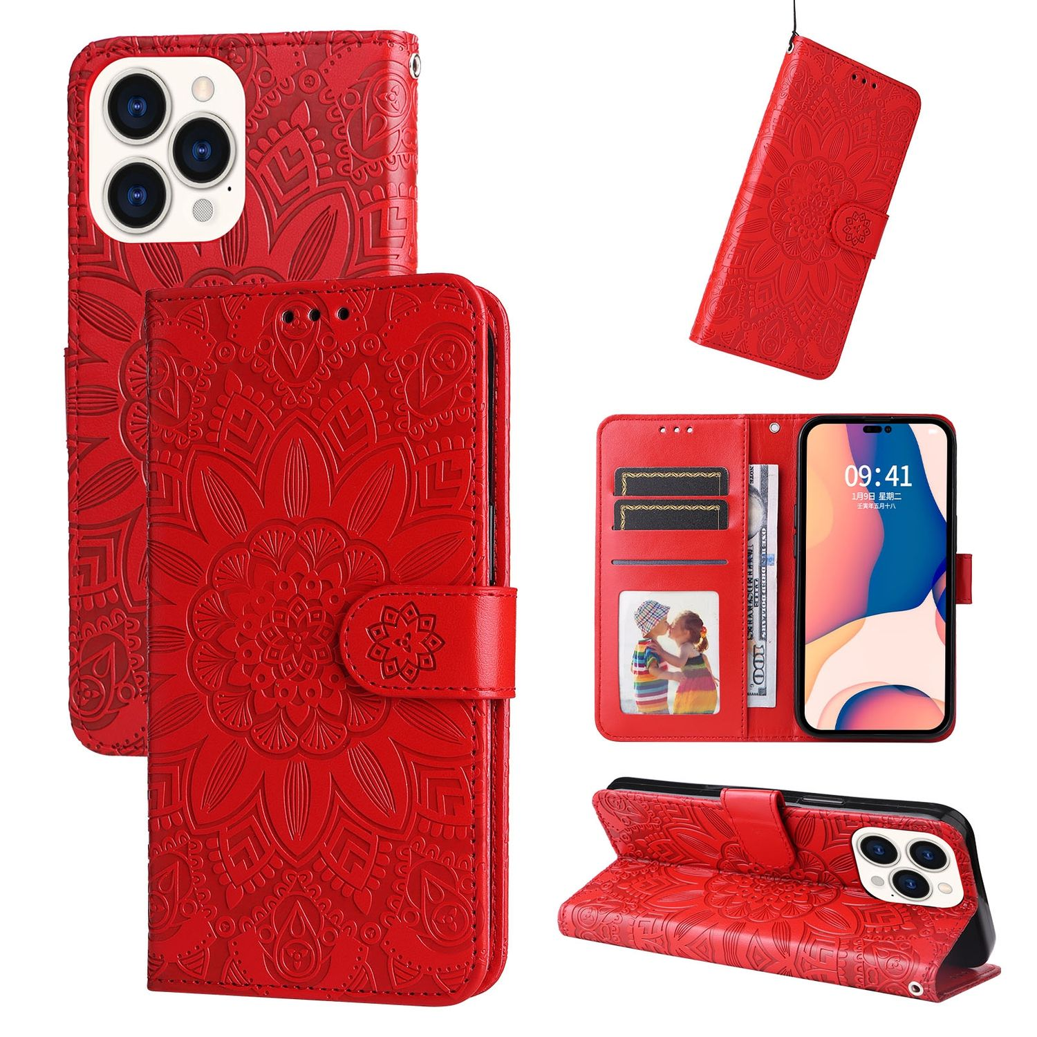 Rote Handyhülle, Mandala-Design, verschiedene Ansichten, mit einem Telefon darin.