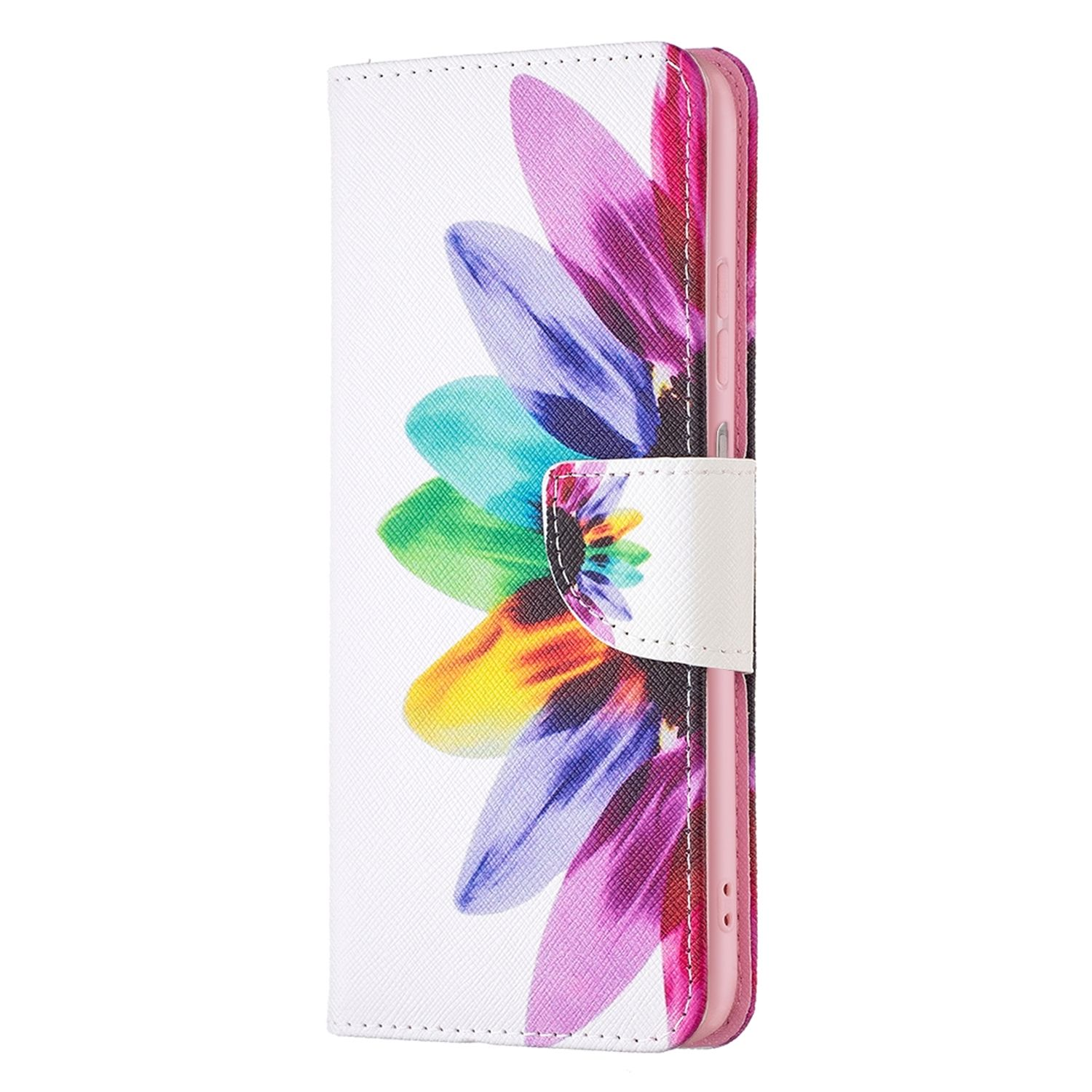 Eine weiße Brieftaschentasche für das Telefon. Es hat ein großes Blumendesign auf der Vorderseite.