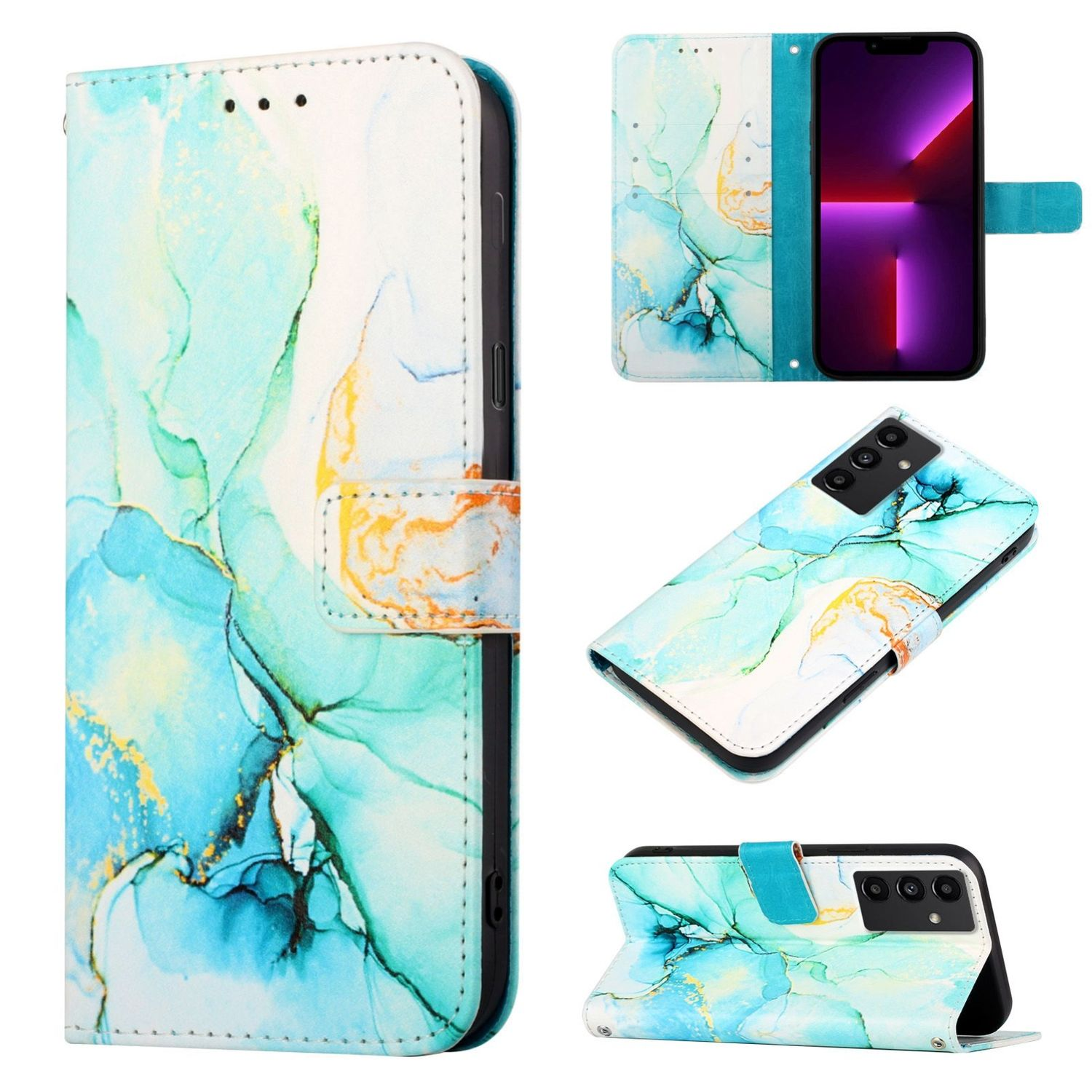 Telefon in einer Hülle mit blauem und türkisem Marmordesign, mehrere Ansichten: geschlossen, offen und gefaltet. Weißer Hintergrund.