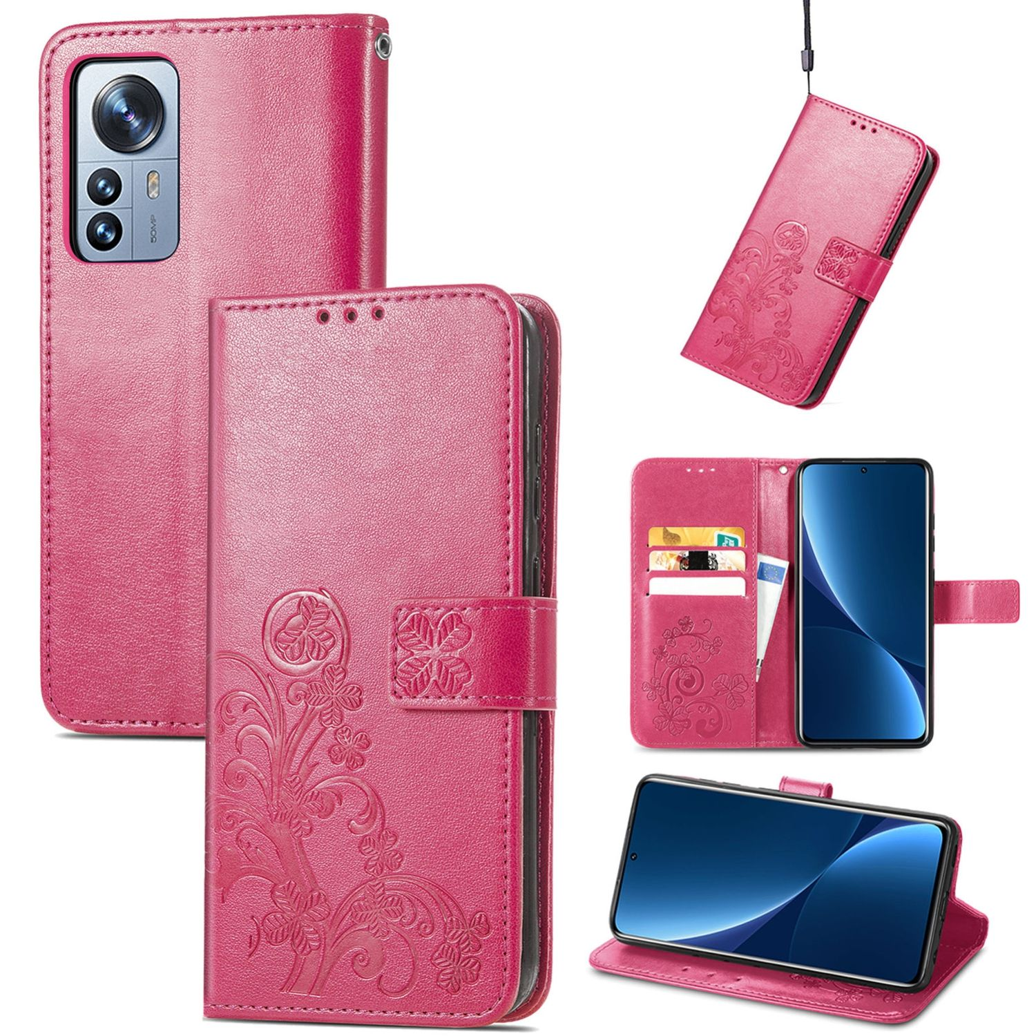 Eine rosa Handyhülle mit floralem Design, geöffnet, um das Telefon zu zeigen. Mehrere Ansichten werden gezeigt.