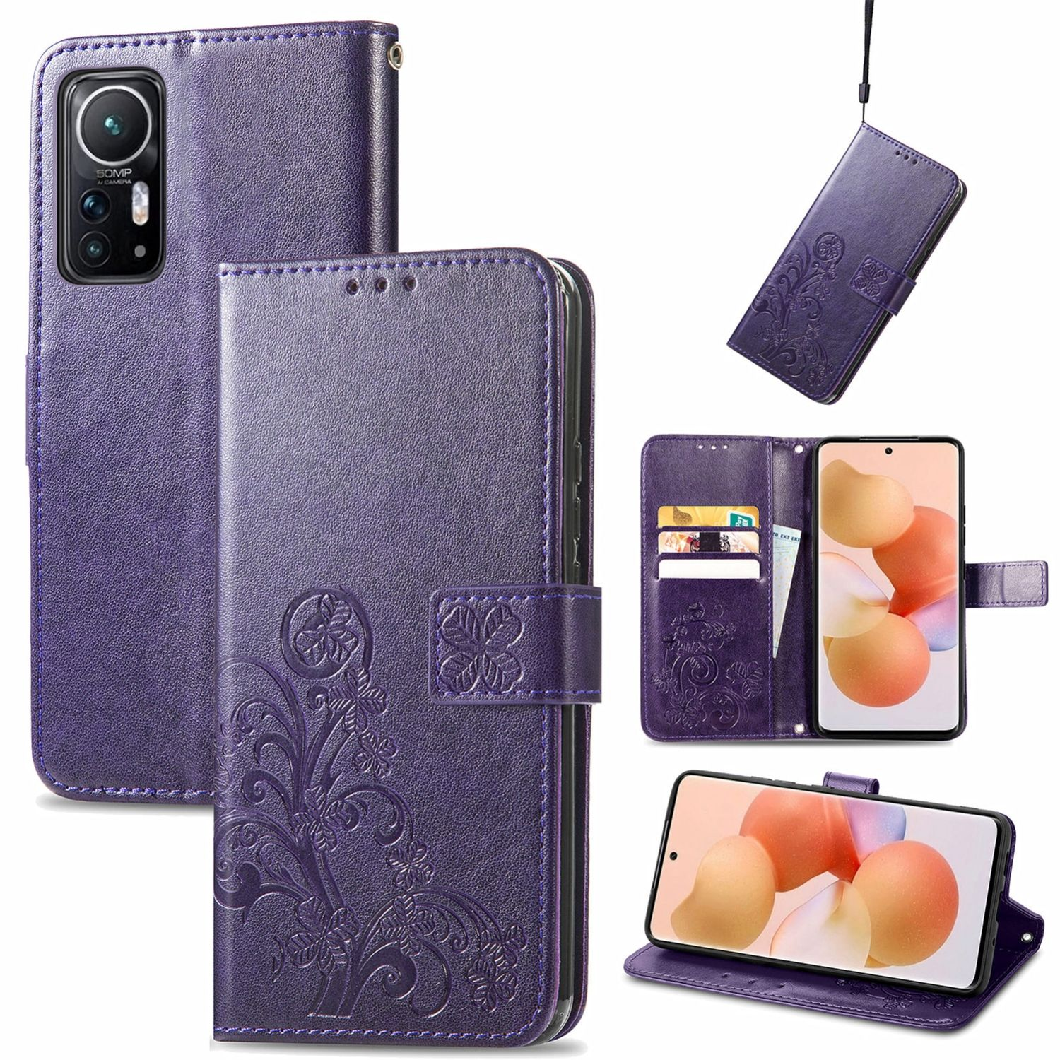 Violette Handyhülle mit Blumendesign und Telefon im Inneren, verschiedene Ansichten.