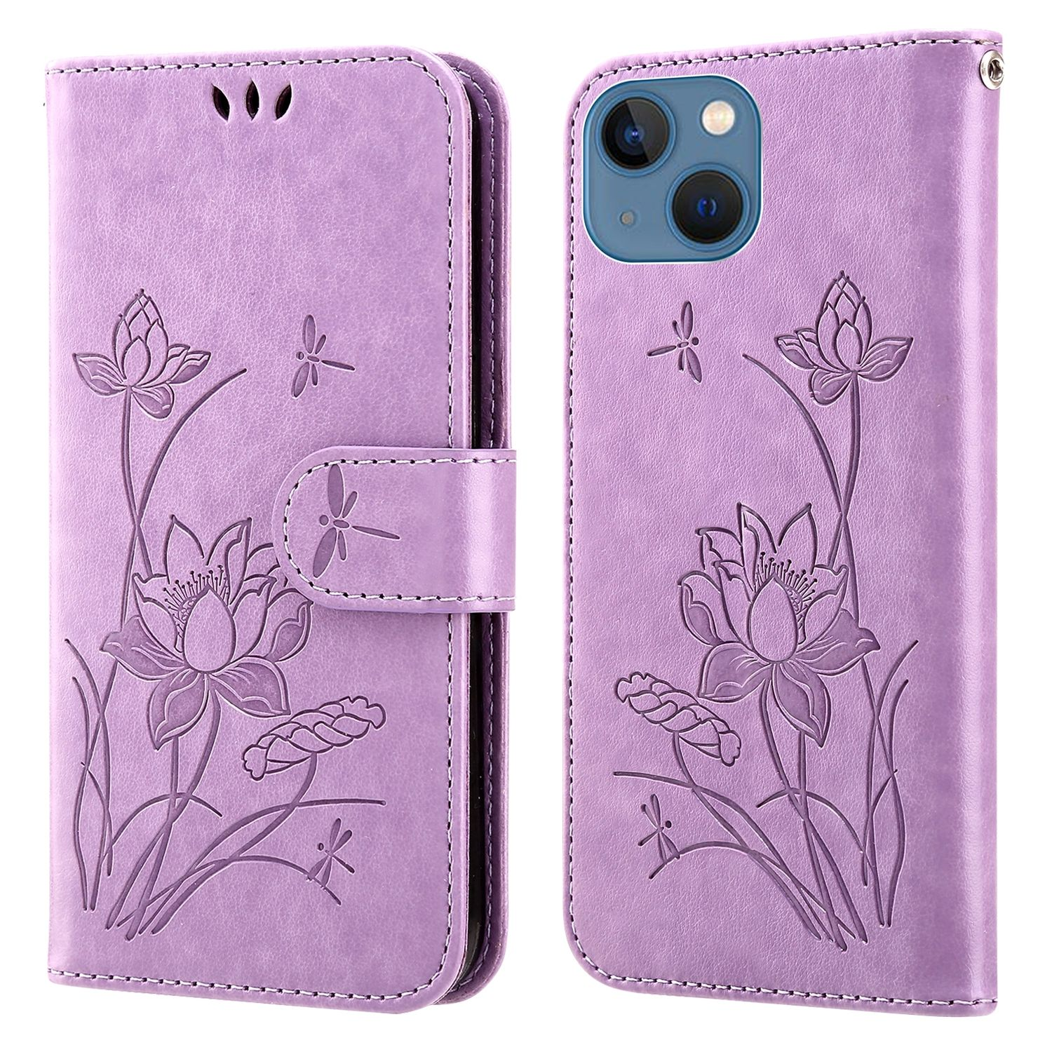 Eine lila Handyhülle mit Lotusblüten-Design. Die Hülle ist an den Seiten offen und geschlossen, mit einem Telefon im Inneren.