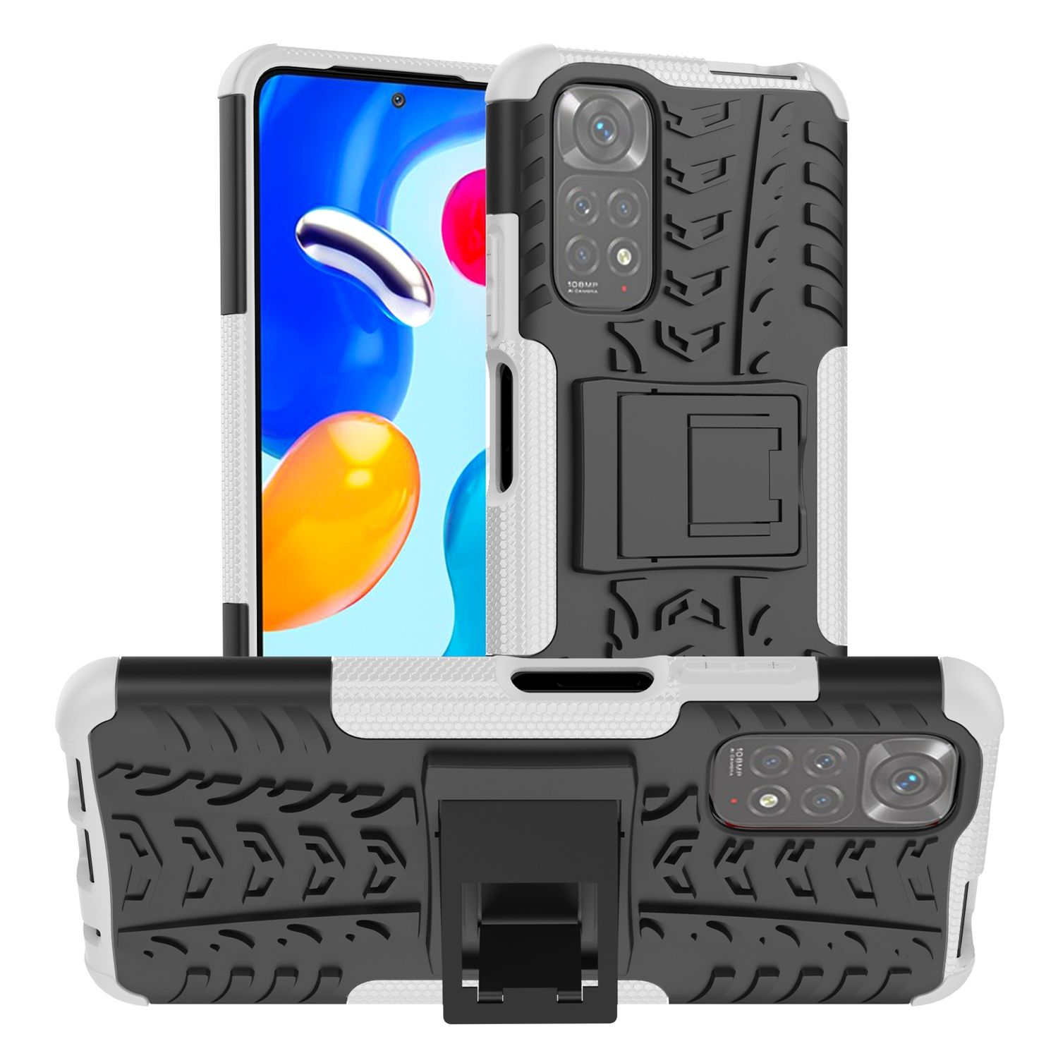 Schwarz-weißes Handycase mit robustem Design. Enthält eine Ständerfunktion.