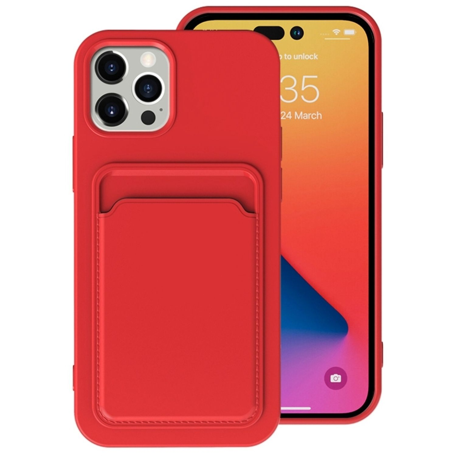 Rote Handyhülle mit Kartenhalter und Telefon. Das Telefon zeigt das Datum an.