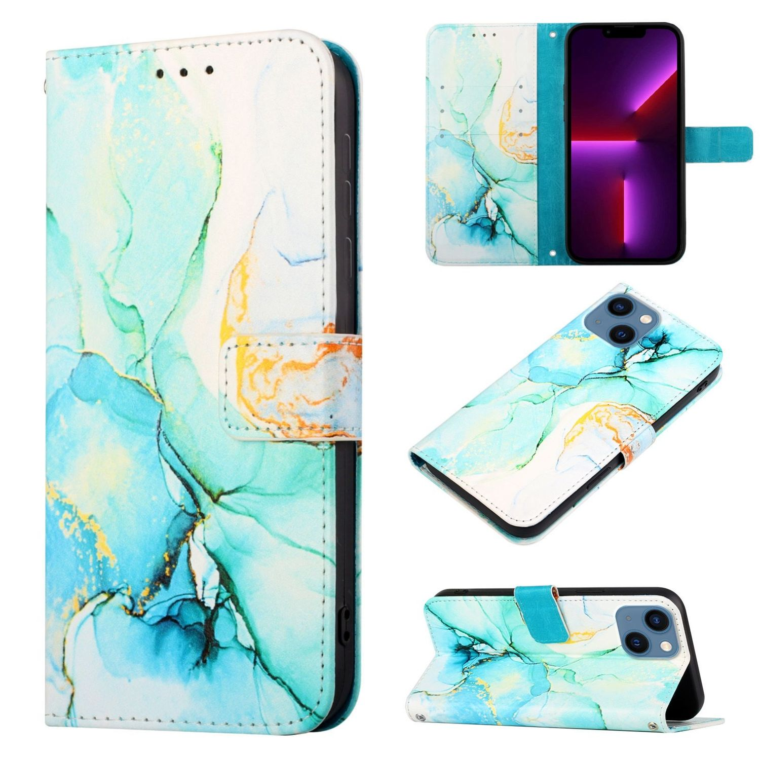 Eine Handyhülle mit Marmordesign. Mehrere Ansichten zeigen die offene und geschlossene Hülle mit Telefon.