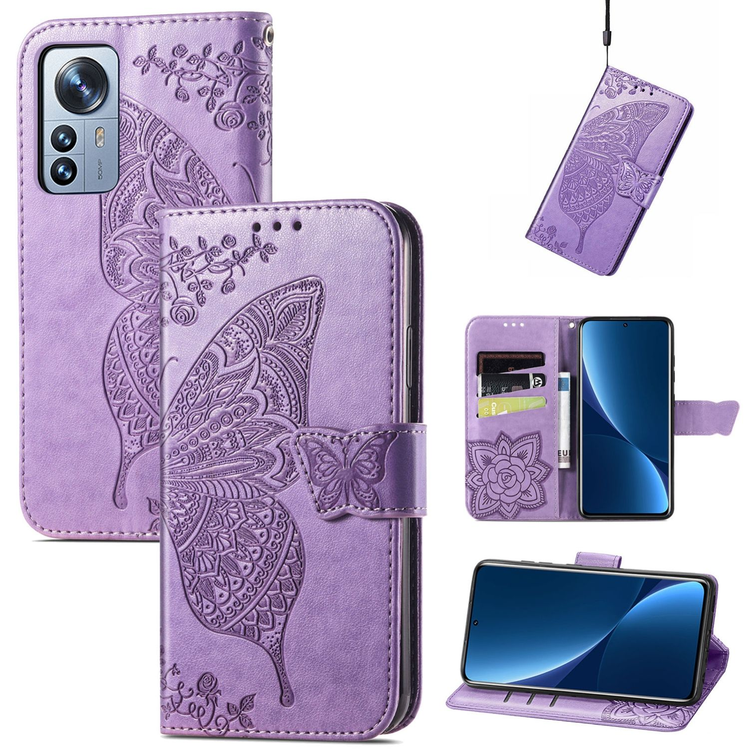 Lila Handyhülle, Schmetterlingsdesign, verschiedene Ansichten, mit einem Telefon darin.