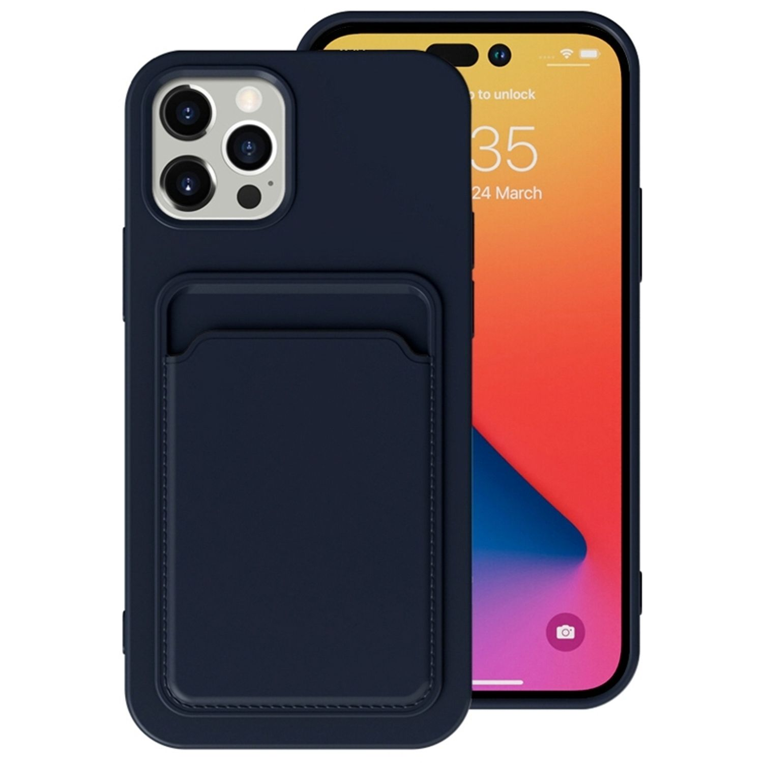Marineblaue Handyhülle mit Brieftaschentasche und Telefon mit Uhrzeit und Datum.
