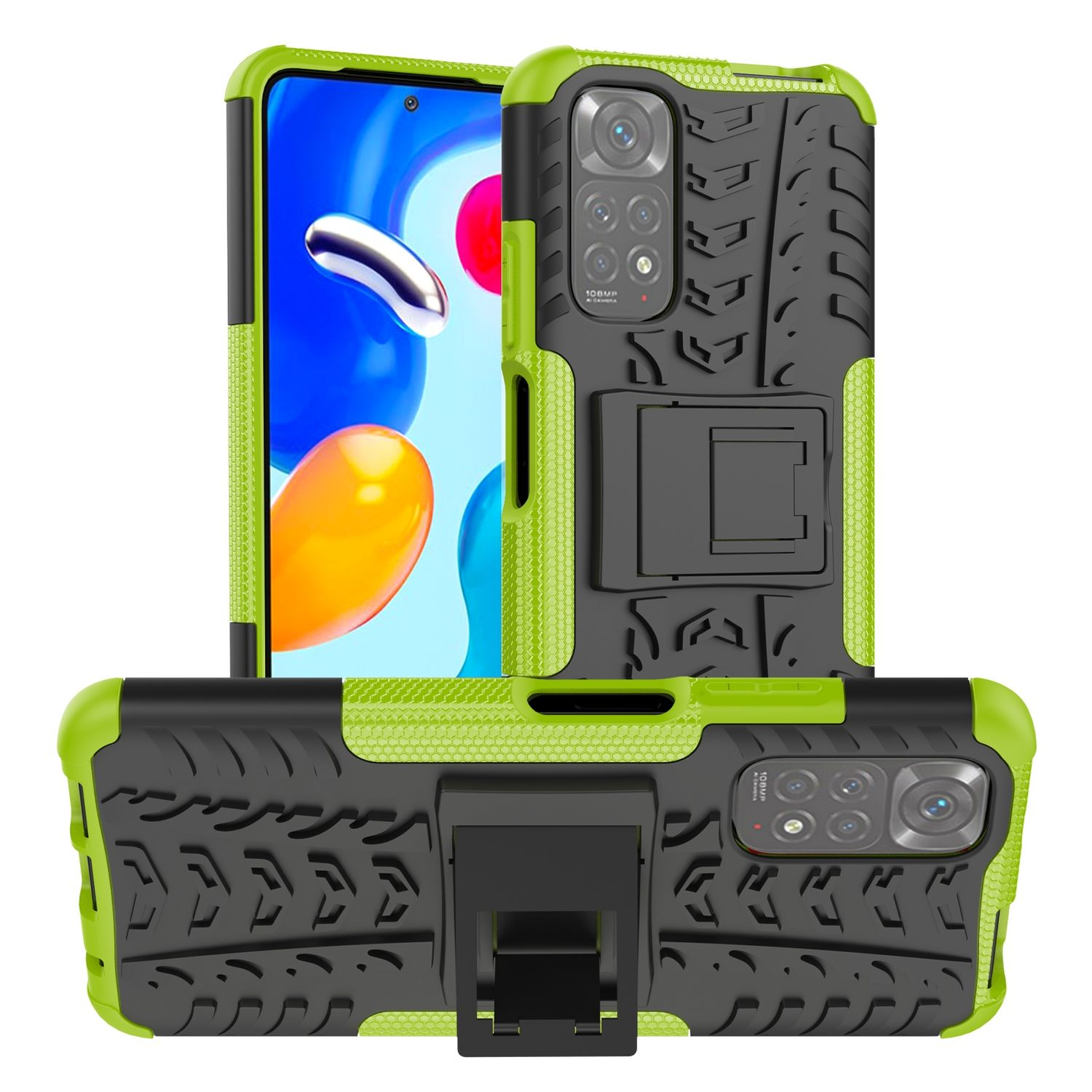 Grüne und schwarze Handyhülle mit Ständer. Telefon ist drin.