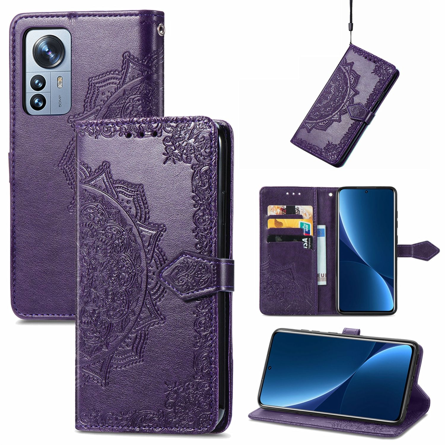 Lila Handyhülle mit geprägtem Design, geschlossen und offen. Mehrere Ansichten mit Karten und Telefon.