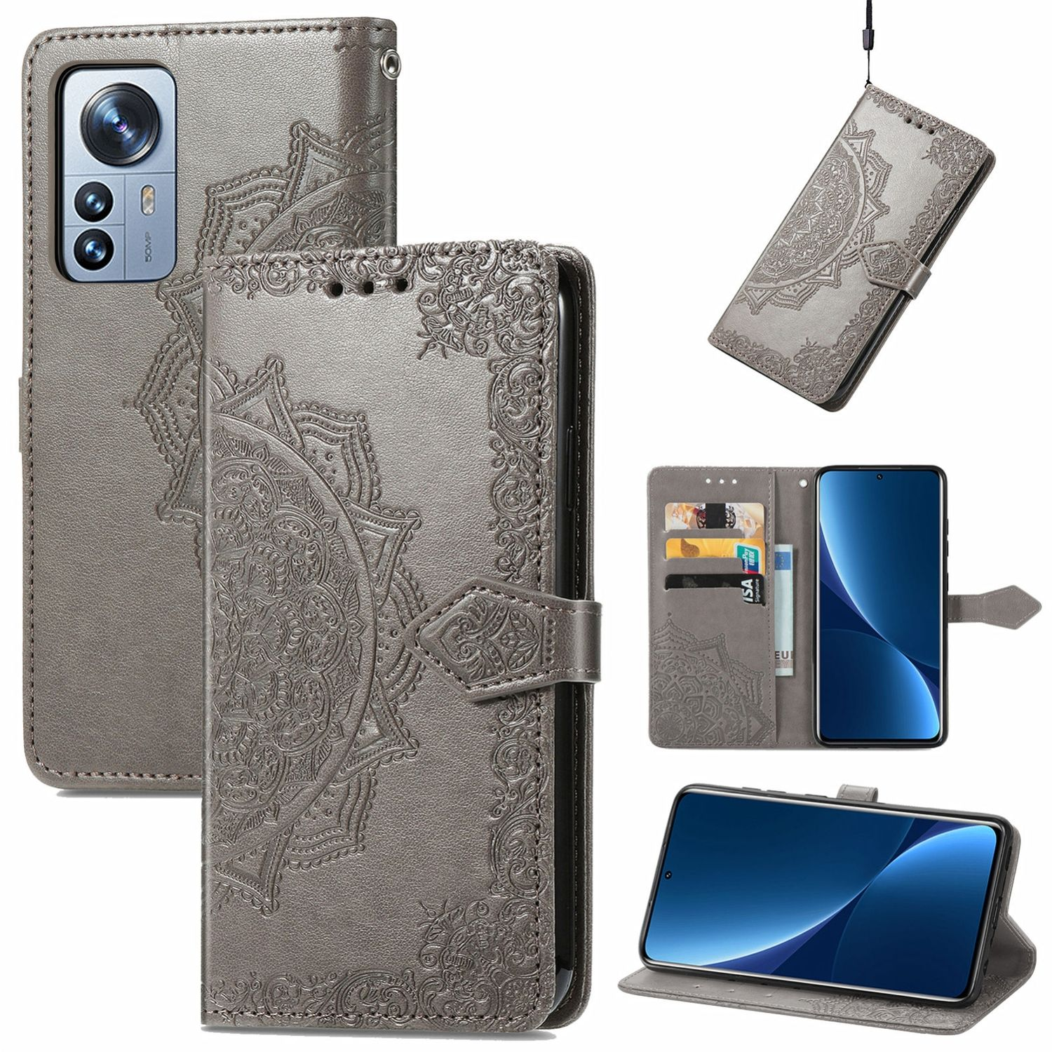 Graue Handyhülle mit floralem Design, die ein Telefon hält. Mehrere Ansichten sind gezeigt.