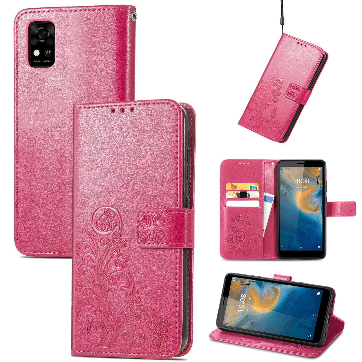 Pinke Handyhülle mit Blumendesign. Geöffnete Hülle mit Telefon und Karten sichtbar.