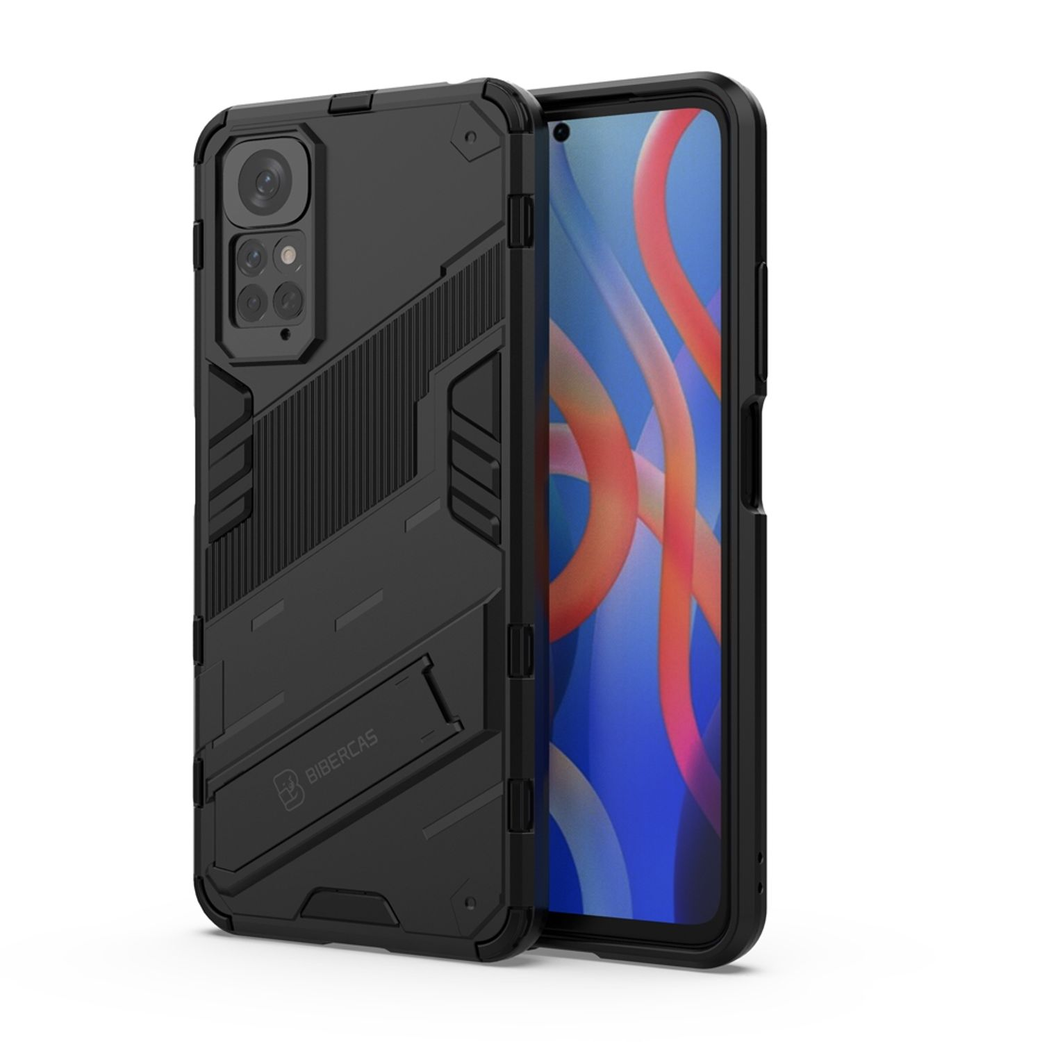 Schwarze Handyhülle mit robustem Design, zeigt Seite, Rückseite und Telefon.